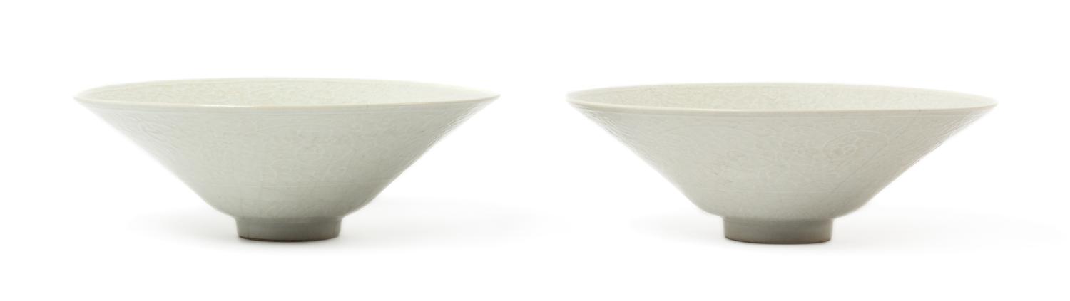 A Pair of Chinese White Glazed Soft Paste Porcelain Bowls QIANLONG MARK AND PERIOD Diameter 8 inches. — QIANLONG MARK AND PERIOD
