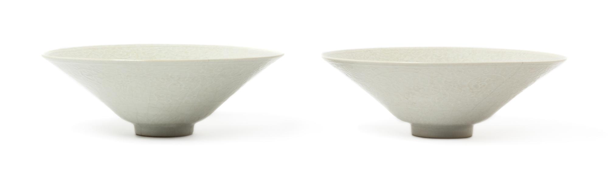 A Pair of Chinese White Glazed Soft Paste Porcelain Bowls QIANLONG MARK AND PERIOD Diameter 8 inches. — QIANLONG MARK AND PERIOD