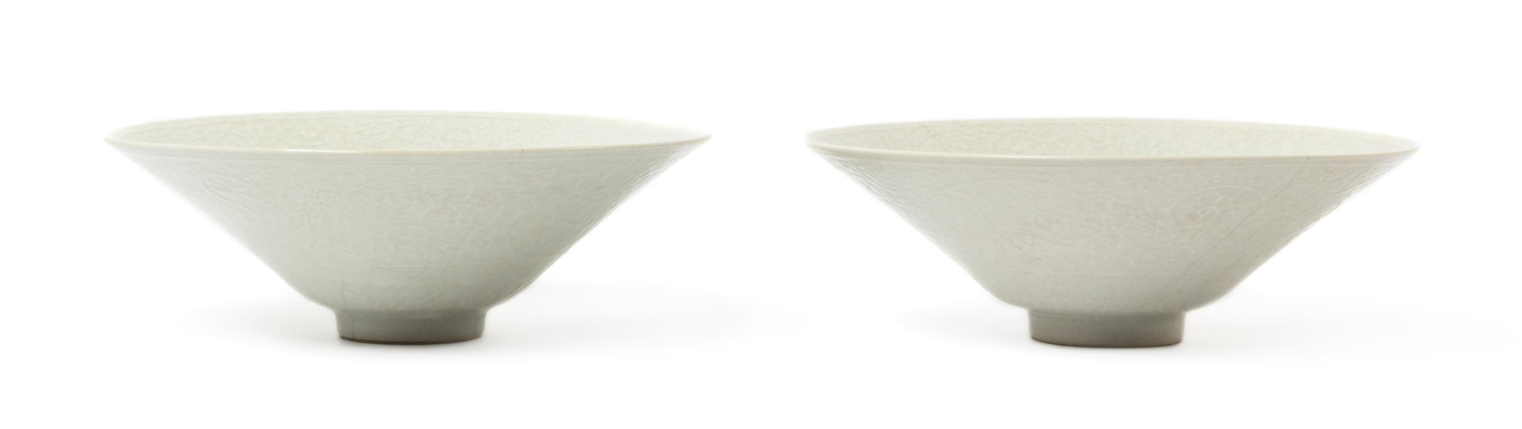 A Pair of Chinese White Glazed Soft Paste Porcelain Bowls QIANLONG MARK AND PERIOD Diameter 8 inches. — QIANLONG MARK AND PERIOD