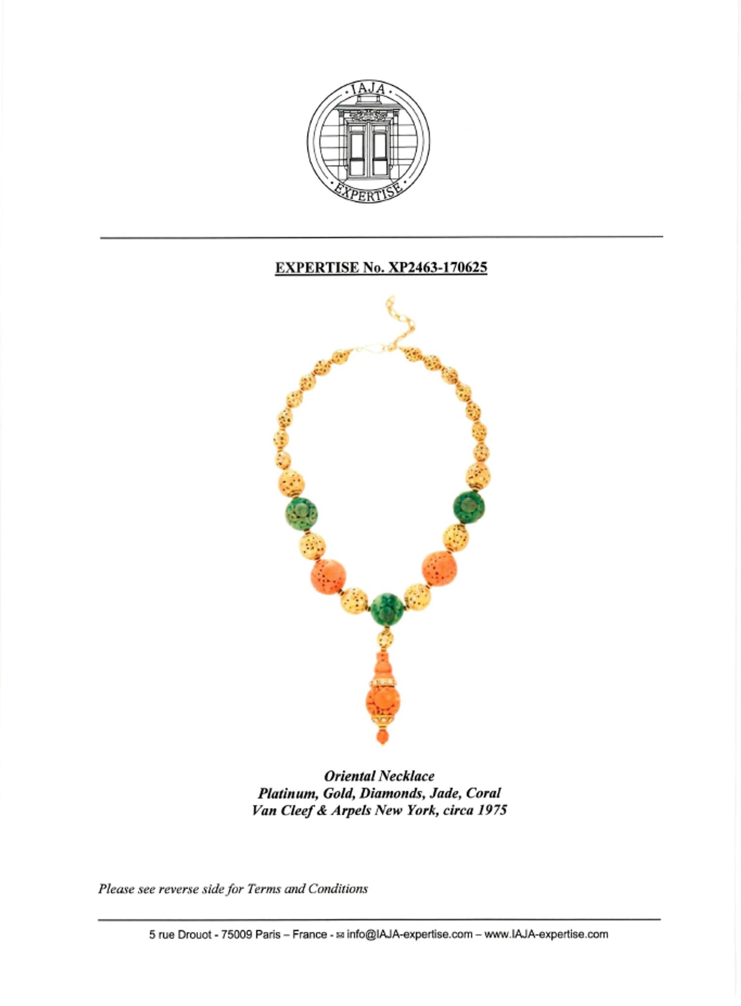 VAN CLEEF & ARPELS, YELLOW GOLD, CORAL, AND JADE NECKLACE