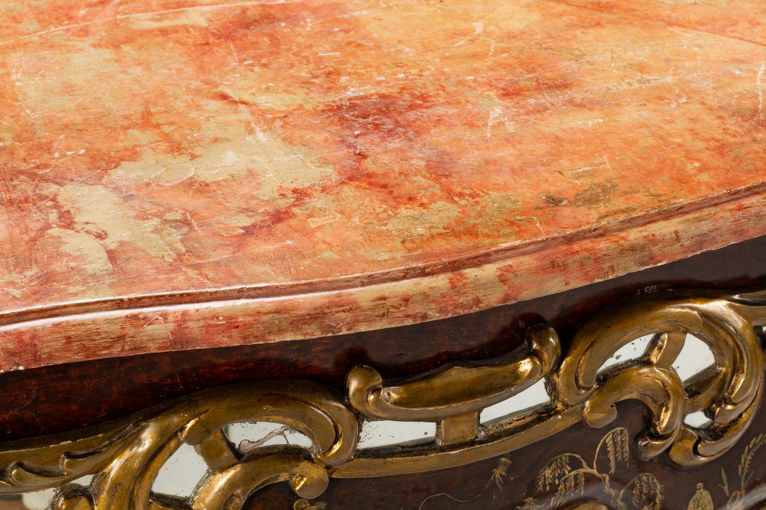 A Venetian Mirror-Inset Painted and Parcel Gilt Faux Marble-Top Commode