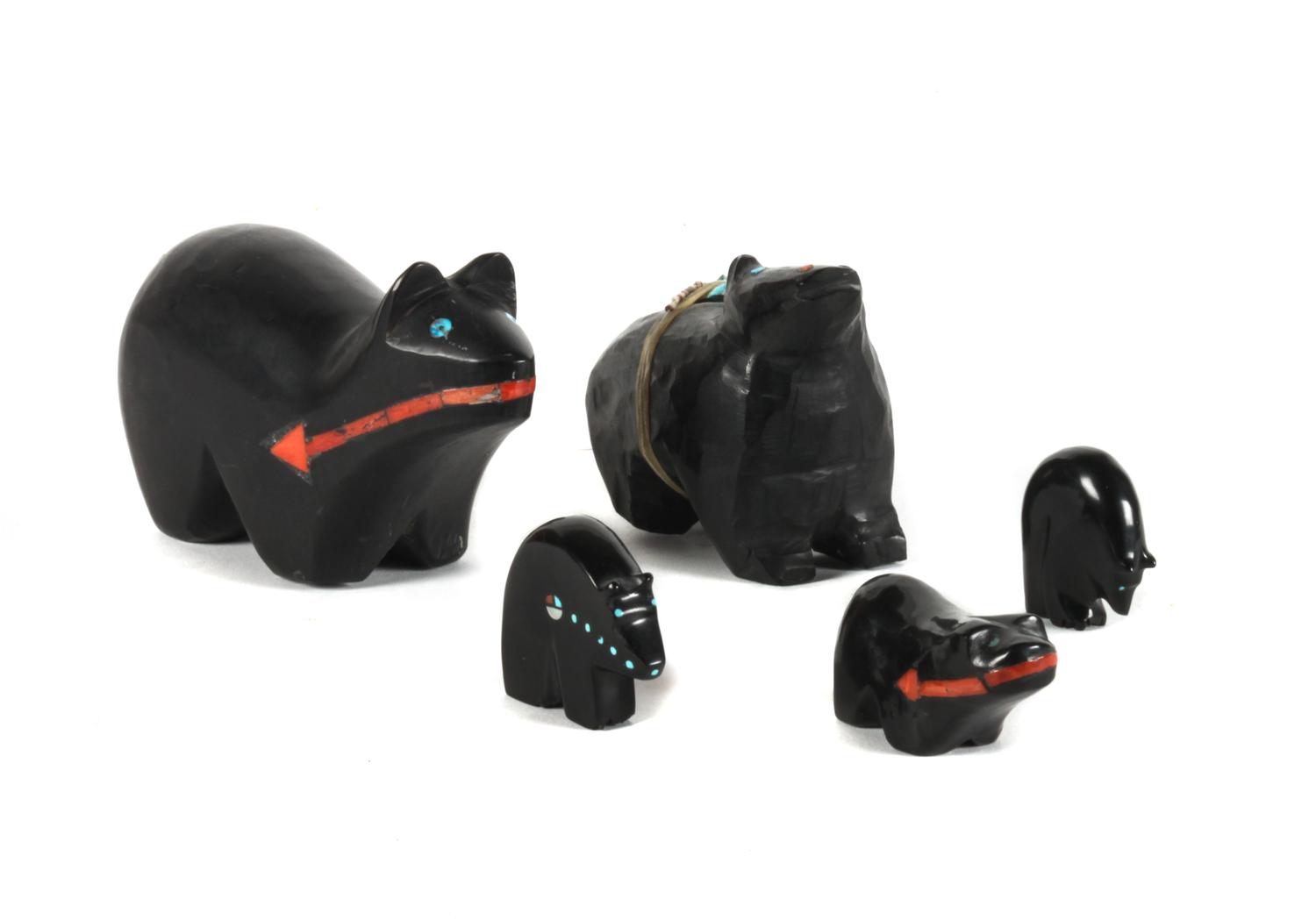 Five Carved Jet Zuni Bear Fetishes Height of largest 3 x length 5 1/2 inches