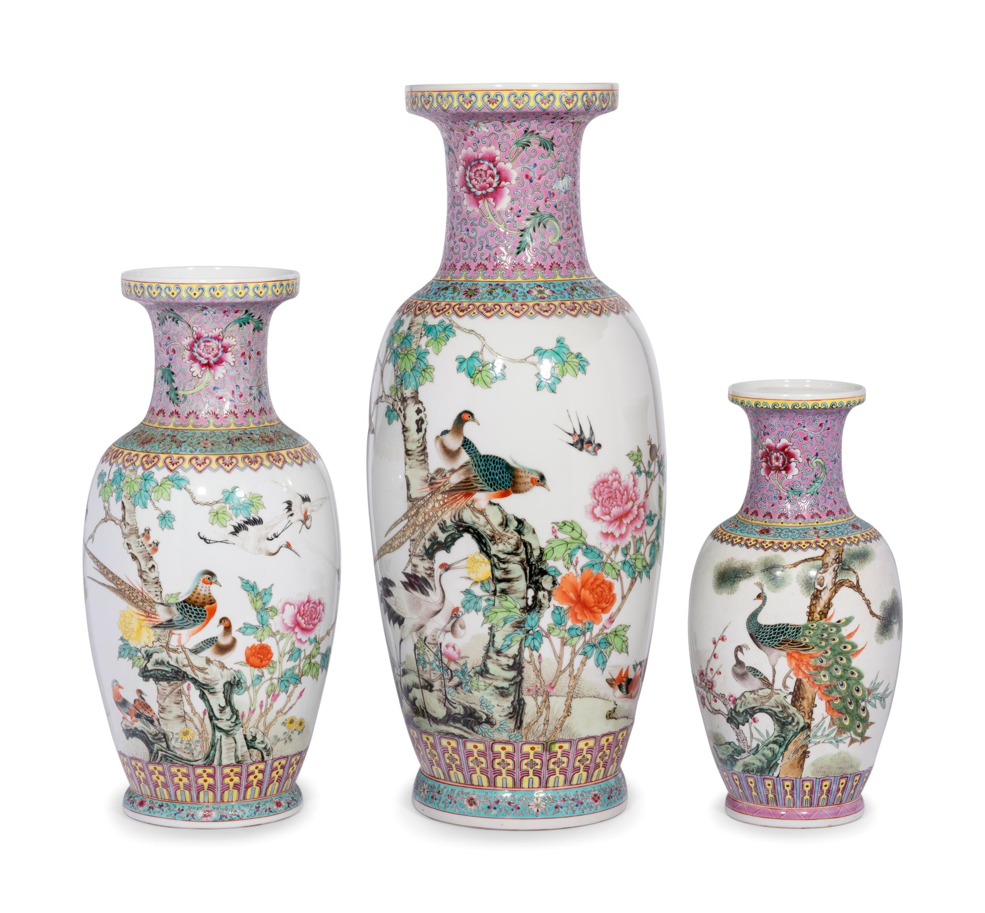 Three Chinese Famille Rose Porcelain Vases