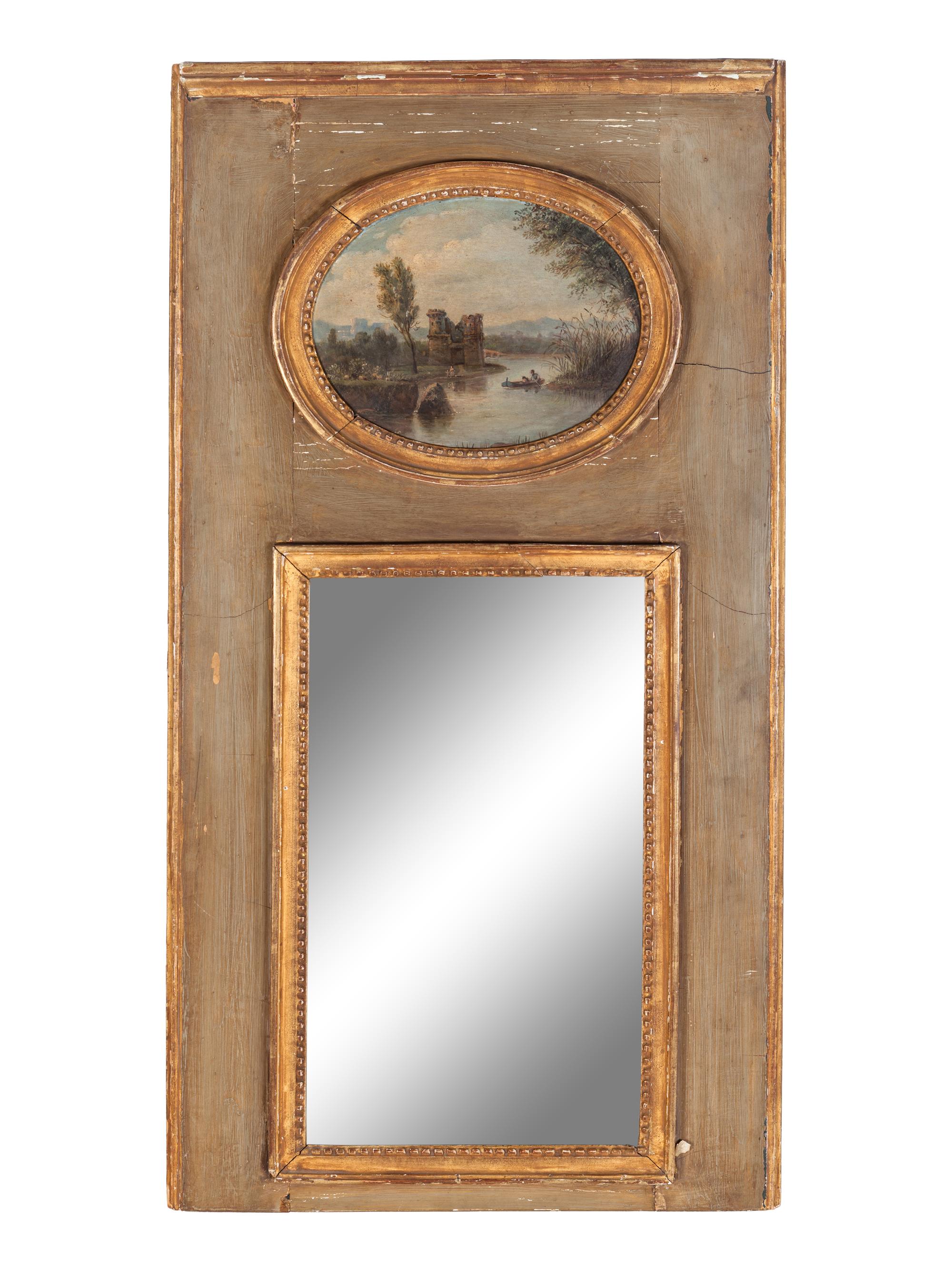 A French Painted and Parcel Gilt Trumeau Mirror