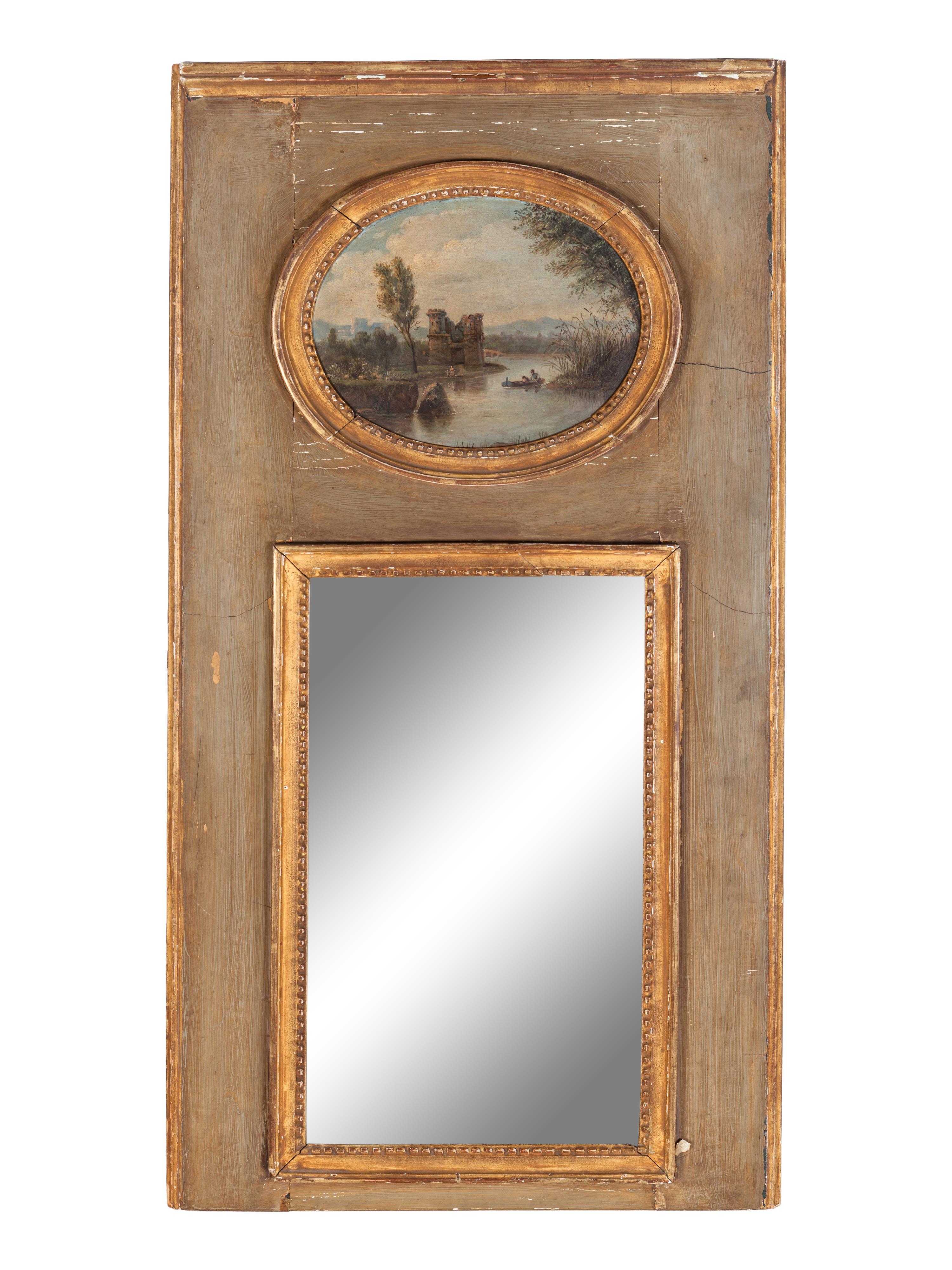 A French Painted and Parcel Gilt Trumeau Mirror