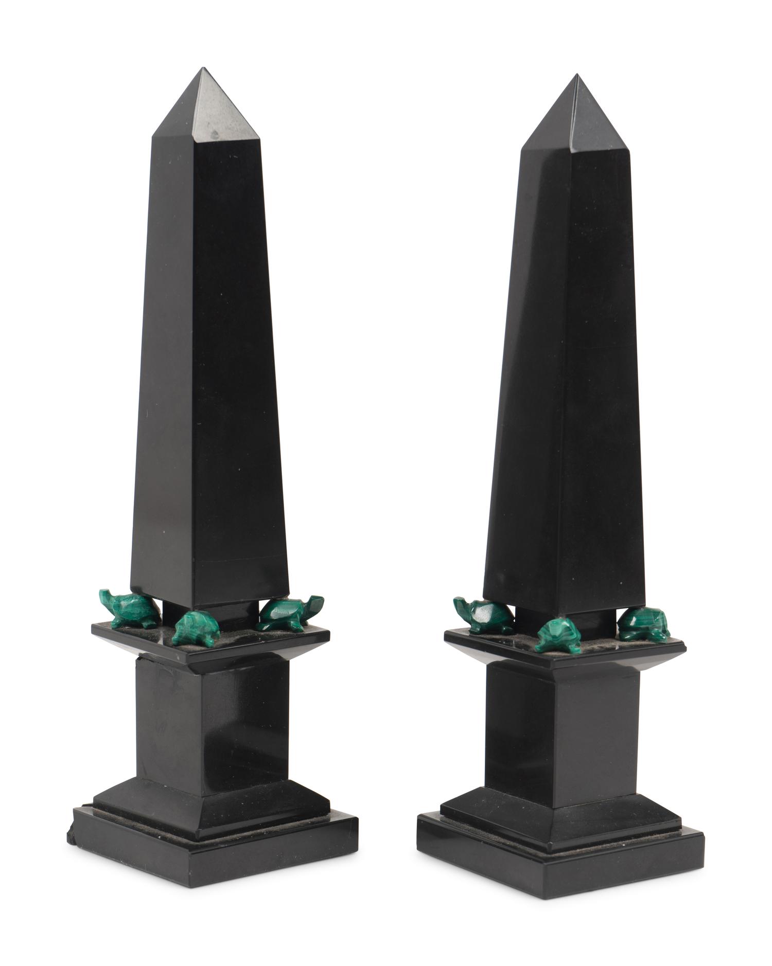 A Pair of Grand Tour Style Malachite and Black Stone Obelisks