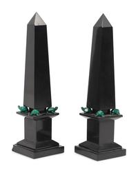 A Pair of Grand Tour Style Malachite and Black Stone Obelisks