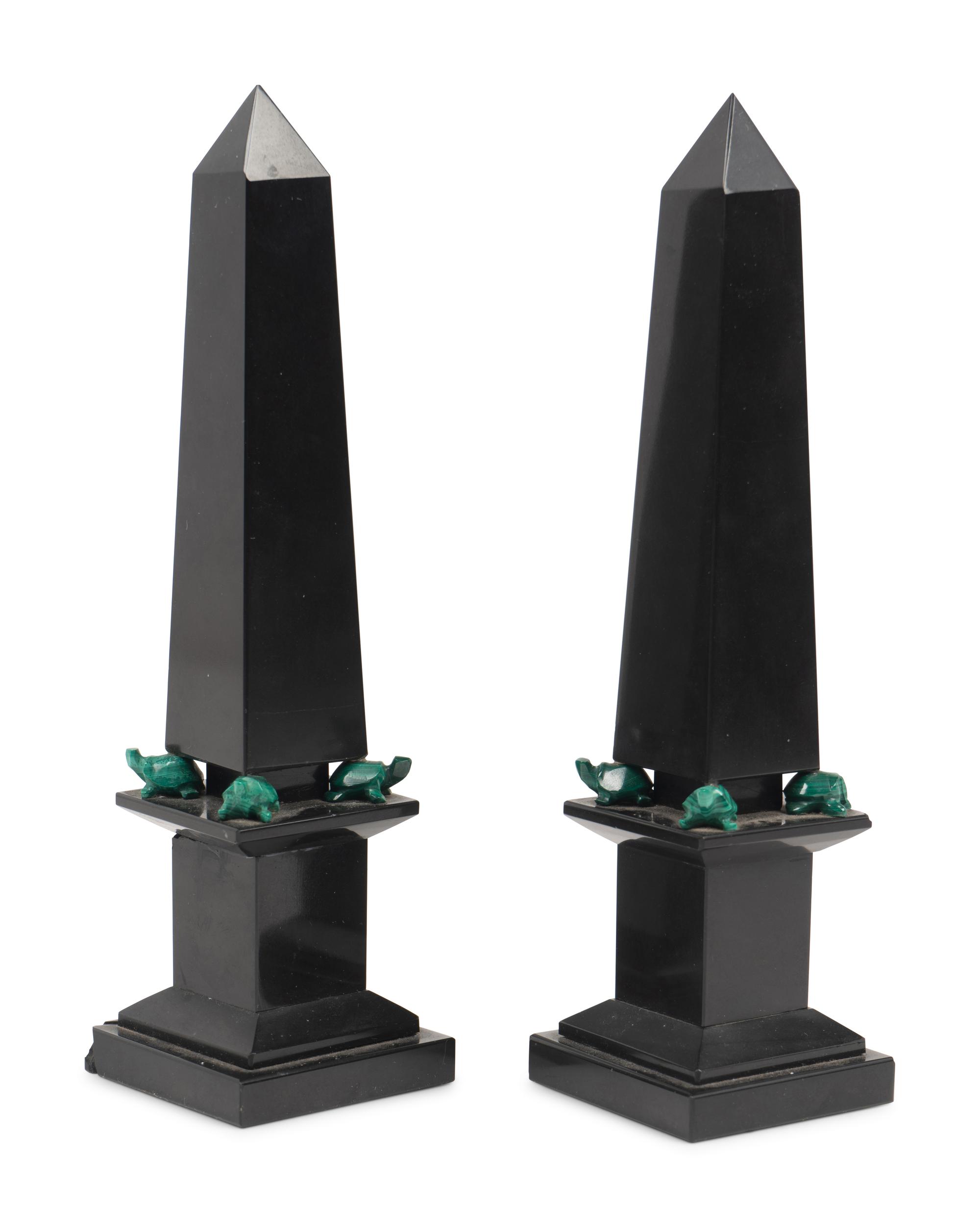 A Pair of Grand Tour Style Malachite and Black Stone Obelisks