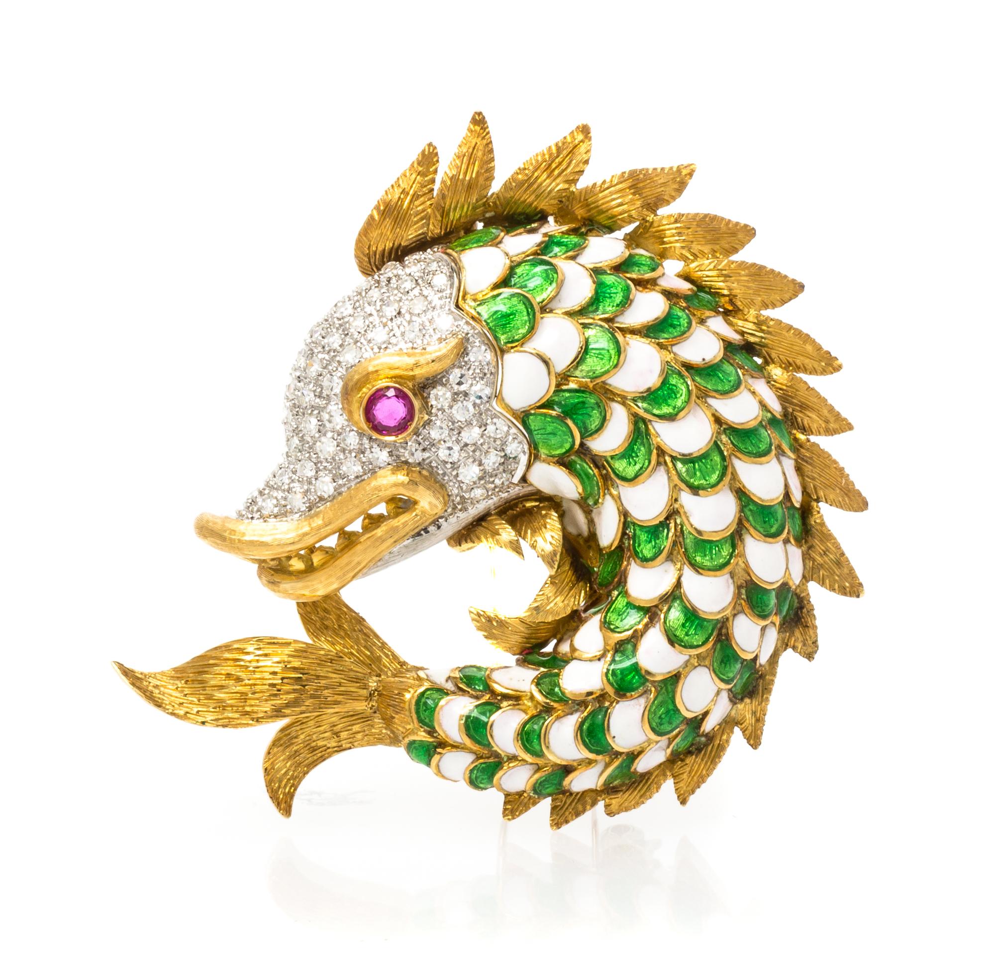 An 18 Karat Yellow Gold, Diamond and Enamel Golfer Pin, 4.30 dwts.