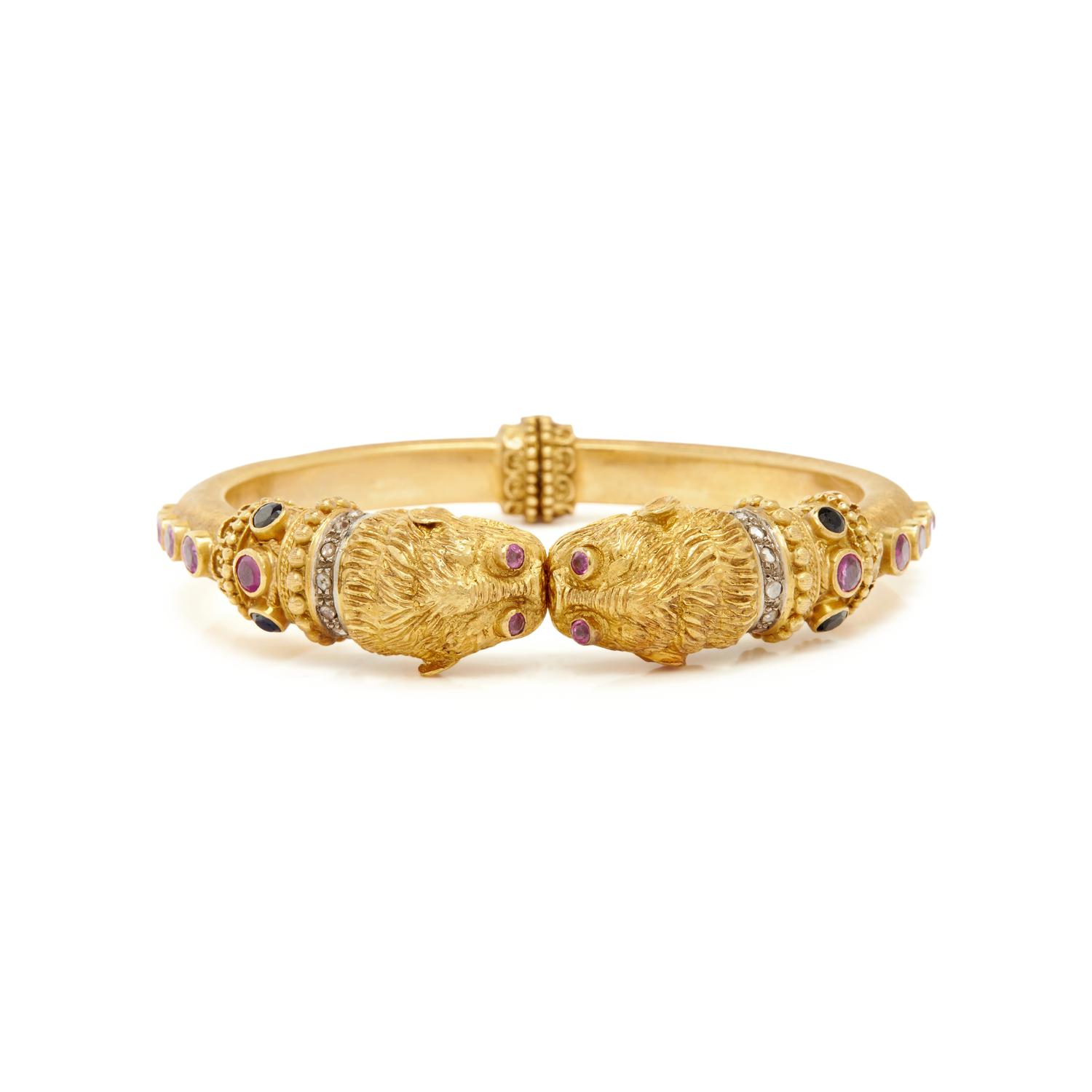 LALAOUNIS, YELLOW GOLD, MULTICOLOR SAPPHIRE AND DIAMOND BANGLE BRACELET
