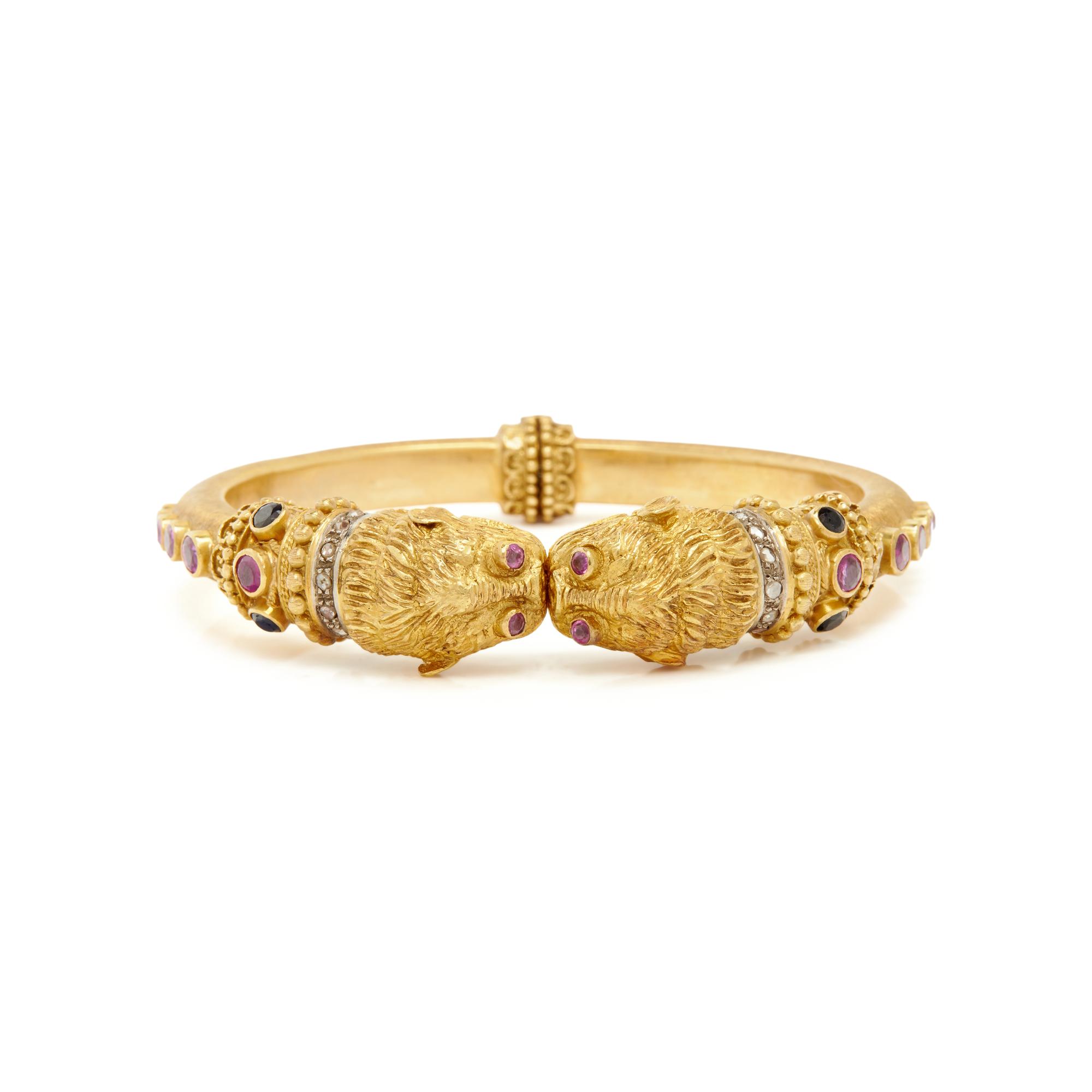 LALAOUNIS, YELLOW GOLD, MULTICOLOR SAPPHIRE AND DIAMOND BANGLE BRACELET