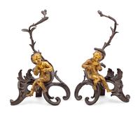 A Pair of Italian Rococo Gilt and Patinated Bronze Figural Chenets