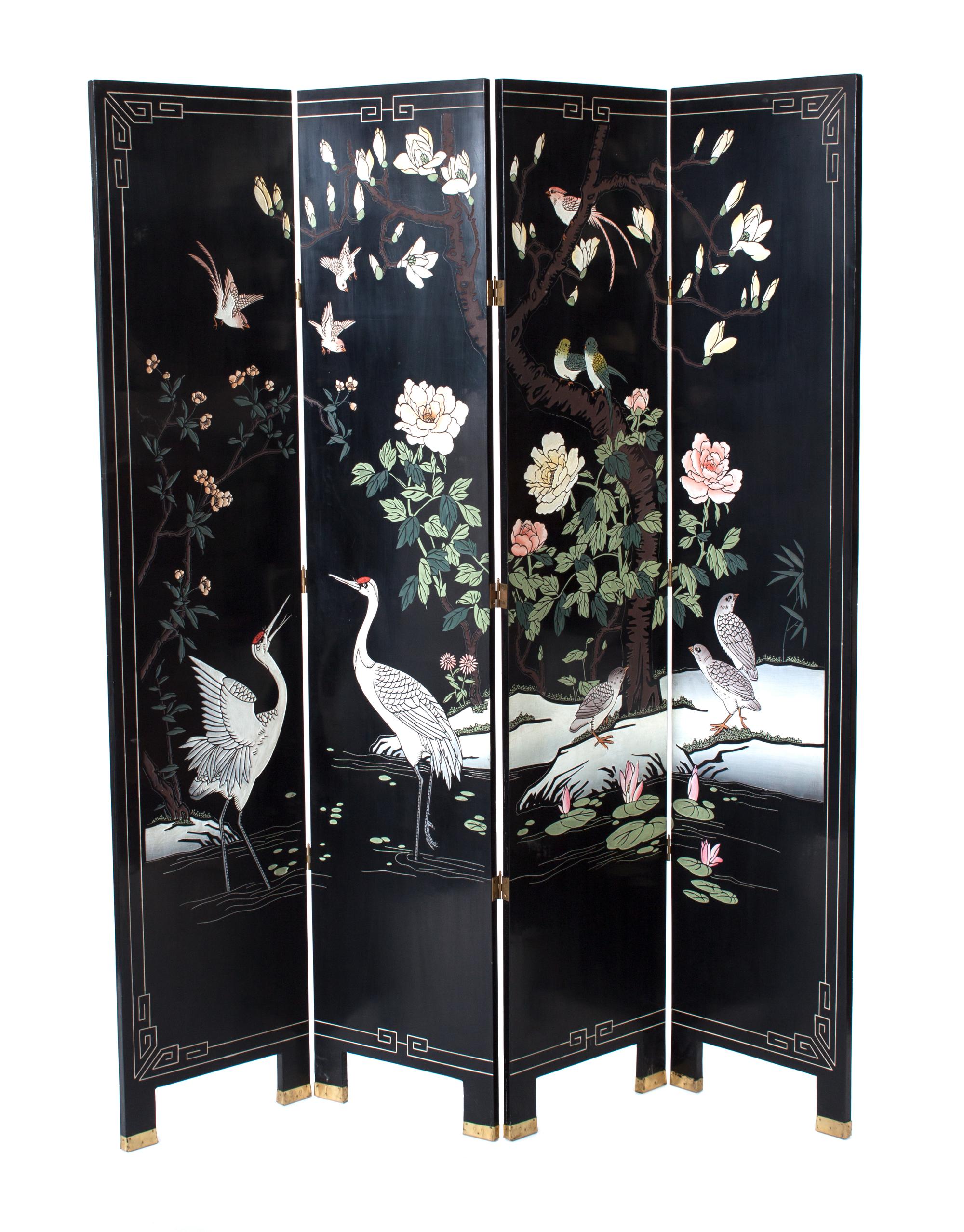A Japanese Four Panel Folding Floor Screen Height 72 inches.
