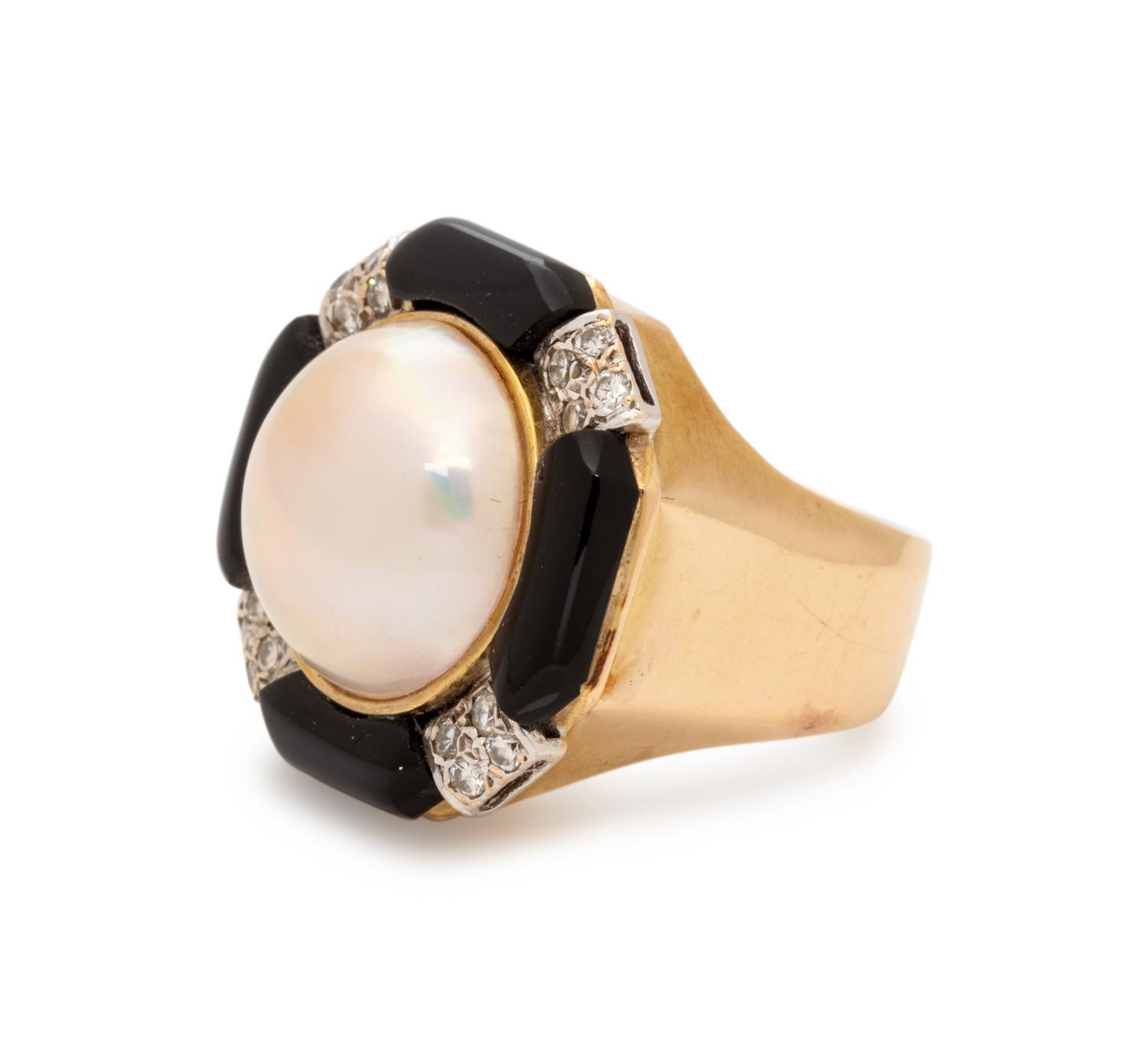 CULTURED MABE PEARL, ONYX AND DIAMOND RING