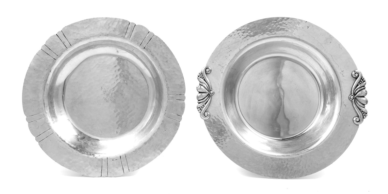 Two Cellini Shop Hand-Hammered Aluminium Chargers Width of wider 13 1/2 inches. — CIRCA 1940