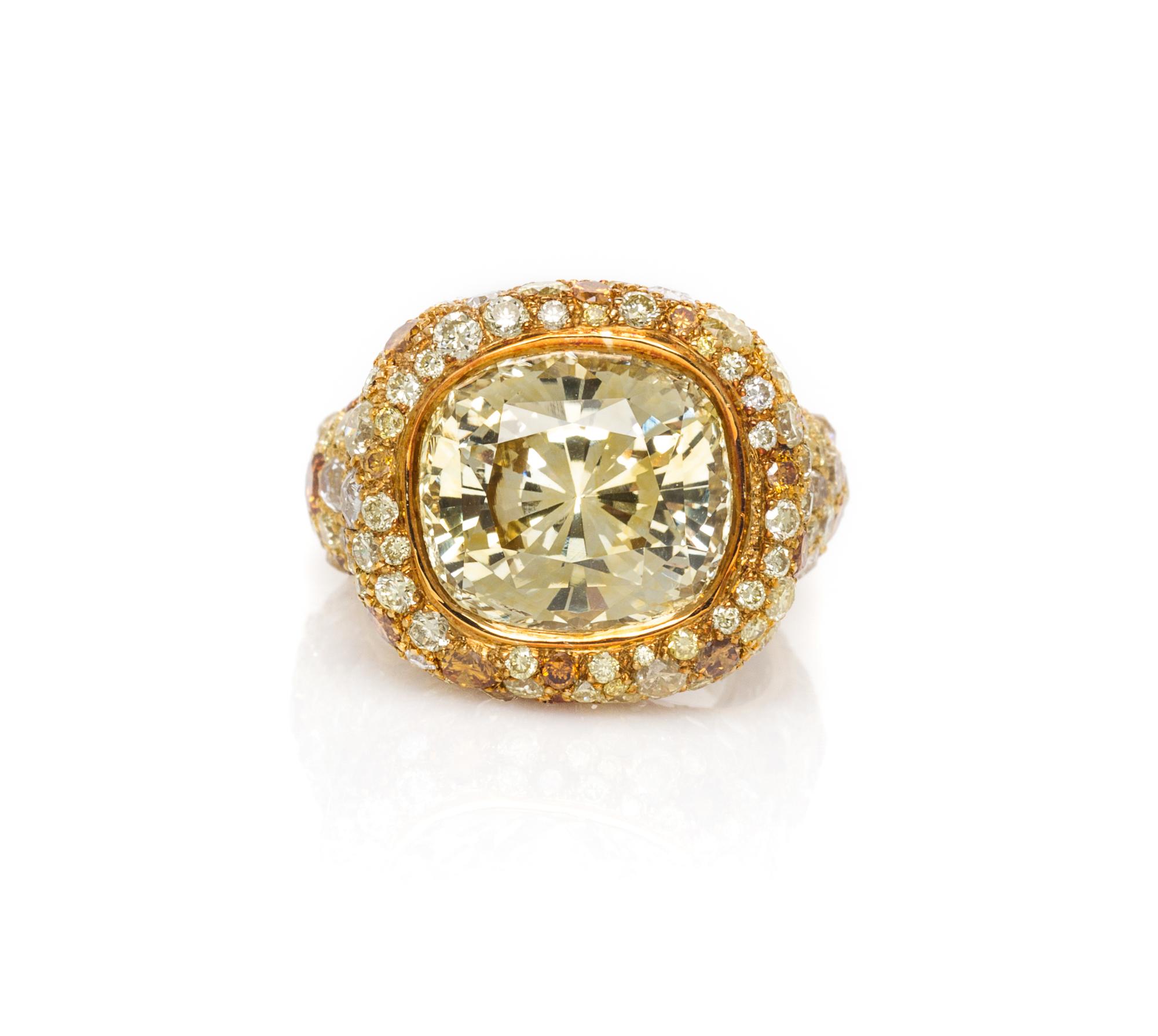 An 18 Karat Yellow Gold, Yellow Sapphire, Colored Diamond and Diamond Ring, N. Varney, 10.00 dwts.