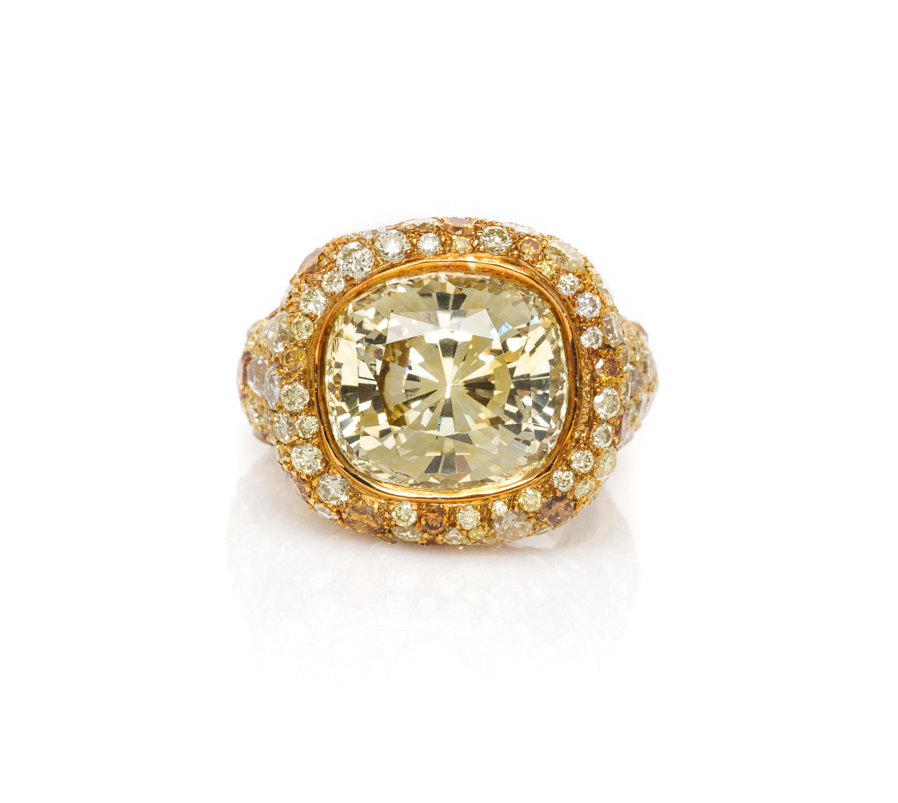 An 18 Karat Yellow Gold, Yellow Sapphire, Colored Diamond and Diamond Ring, N. Varney, 10.00 dwts.