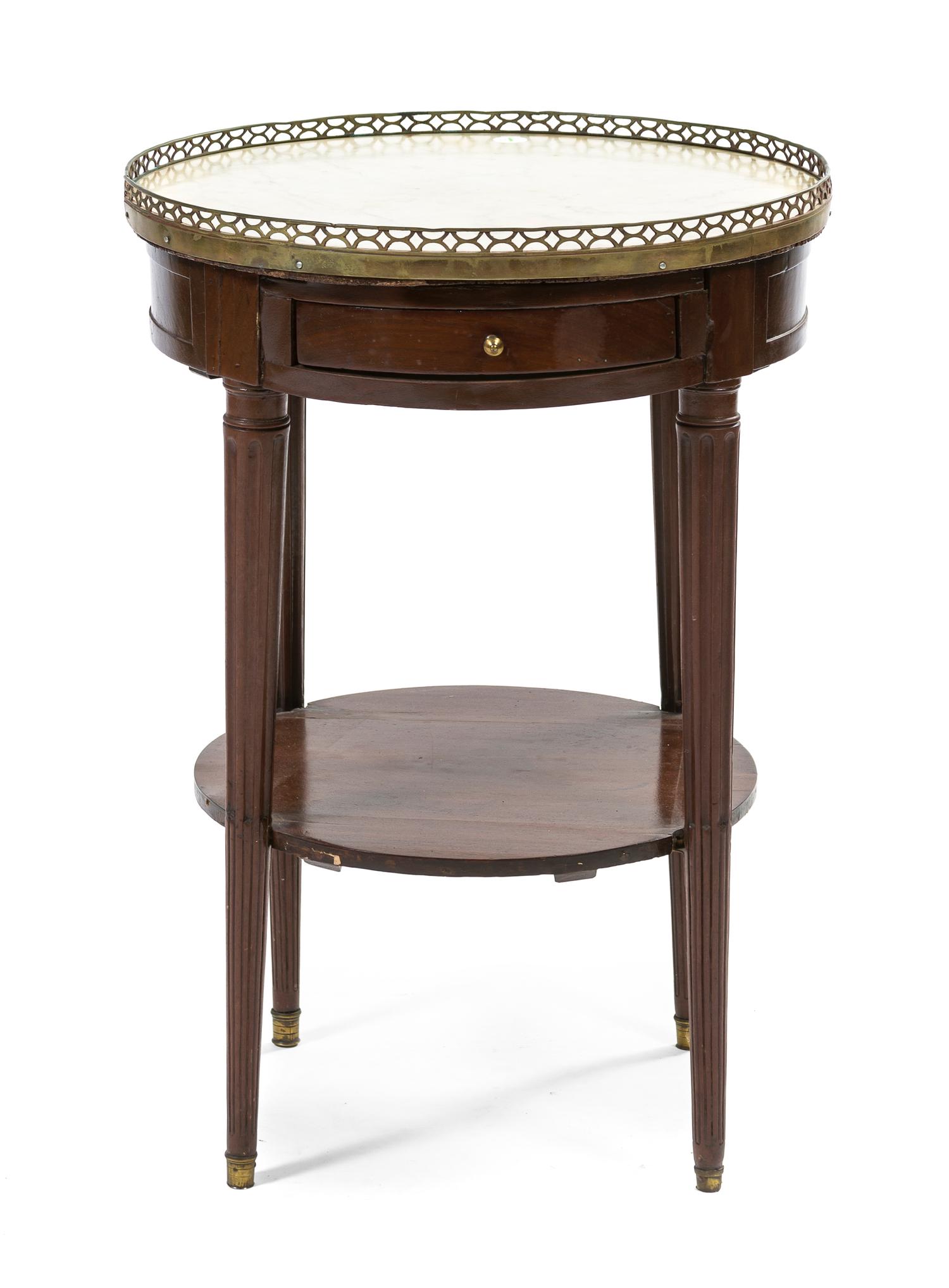 A Louis XVI Style Mahogany Bouillotte Table, Height 28 x diameter 23 1/2 inches.