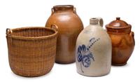 Glazed and decorated covered redware jar and stoneware crock staten island, new york and charlestown, ma
