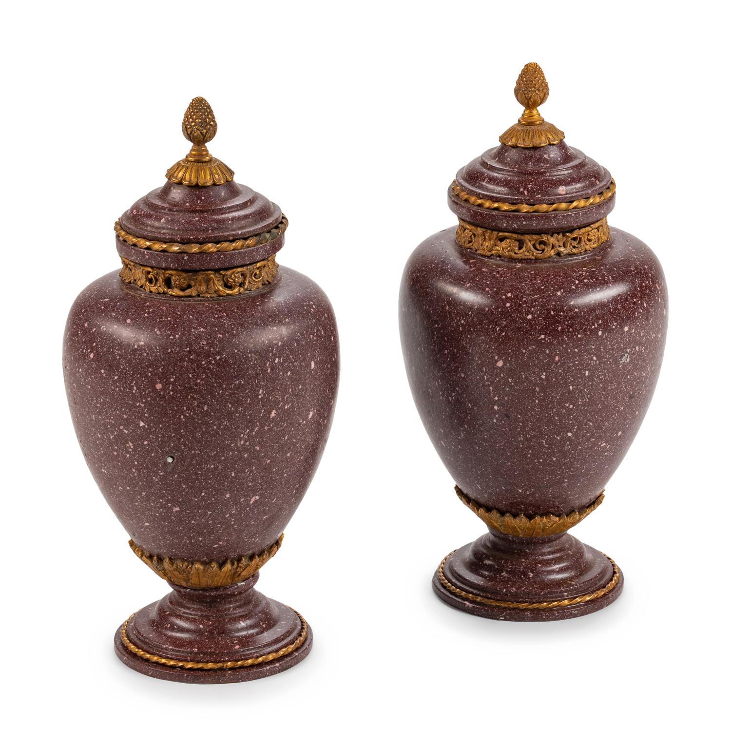 A Pair of Neoclassical Style Gilt-Bronze-Mounted Porphyry Urns