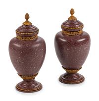 A Pair of Neoclassical Style Gilt-Bronze-Mounted Porphyry Urns