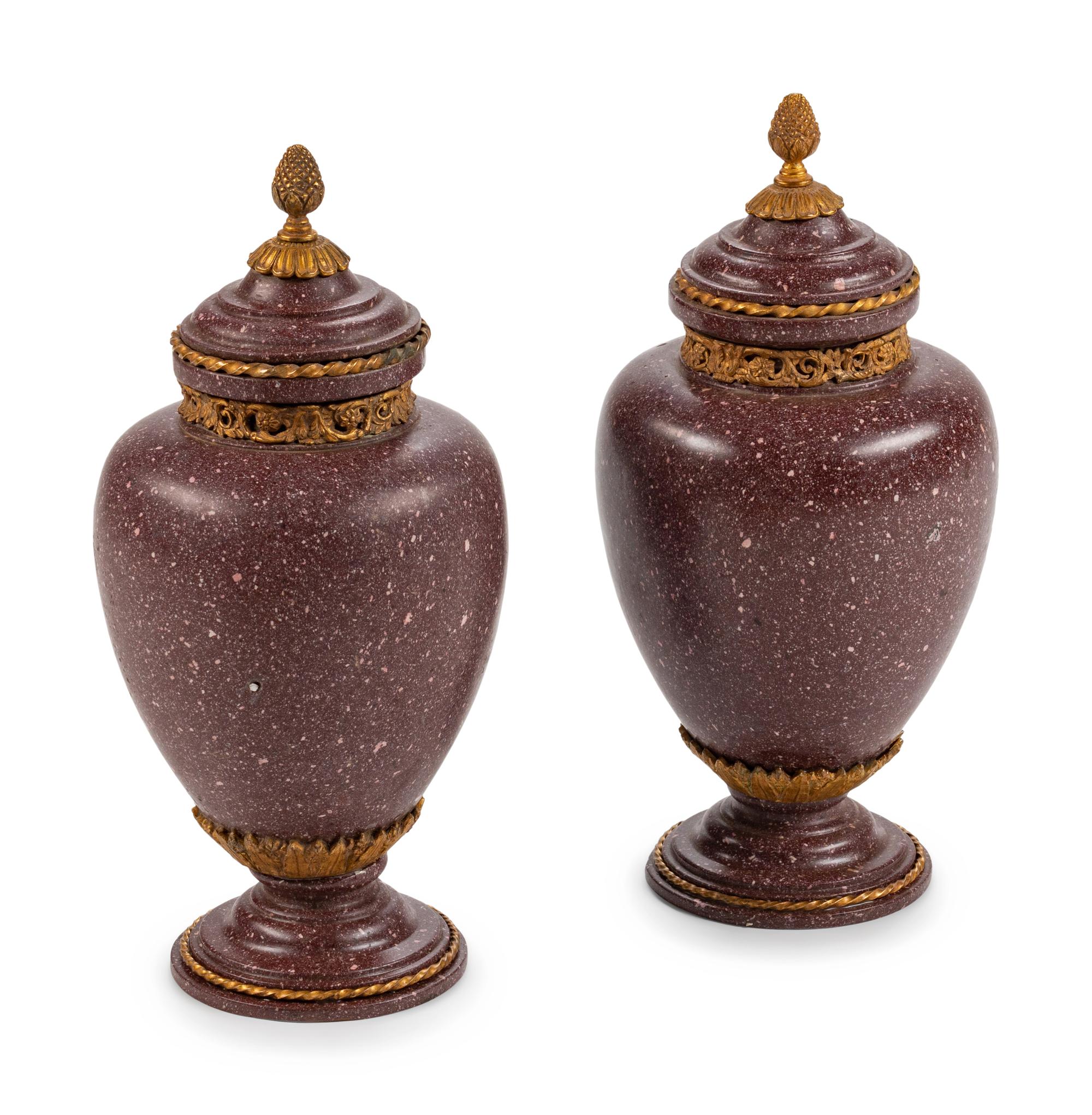 A Pair of Neoclassical Style Gilt-Bronze-Mounted Porphyry Urns