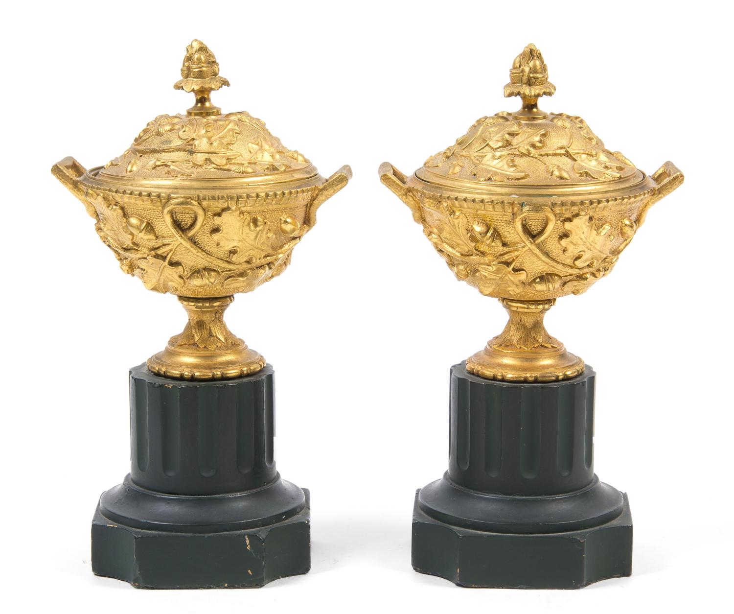 A Pair of French Gilt Bronze Diminutive Urns on Stands, Height overall 9 3/4 inches.