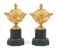 A Pair of French Gilt Bronze Diminutive Urns on Stands, Height overall 9 3/4 inches.