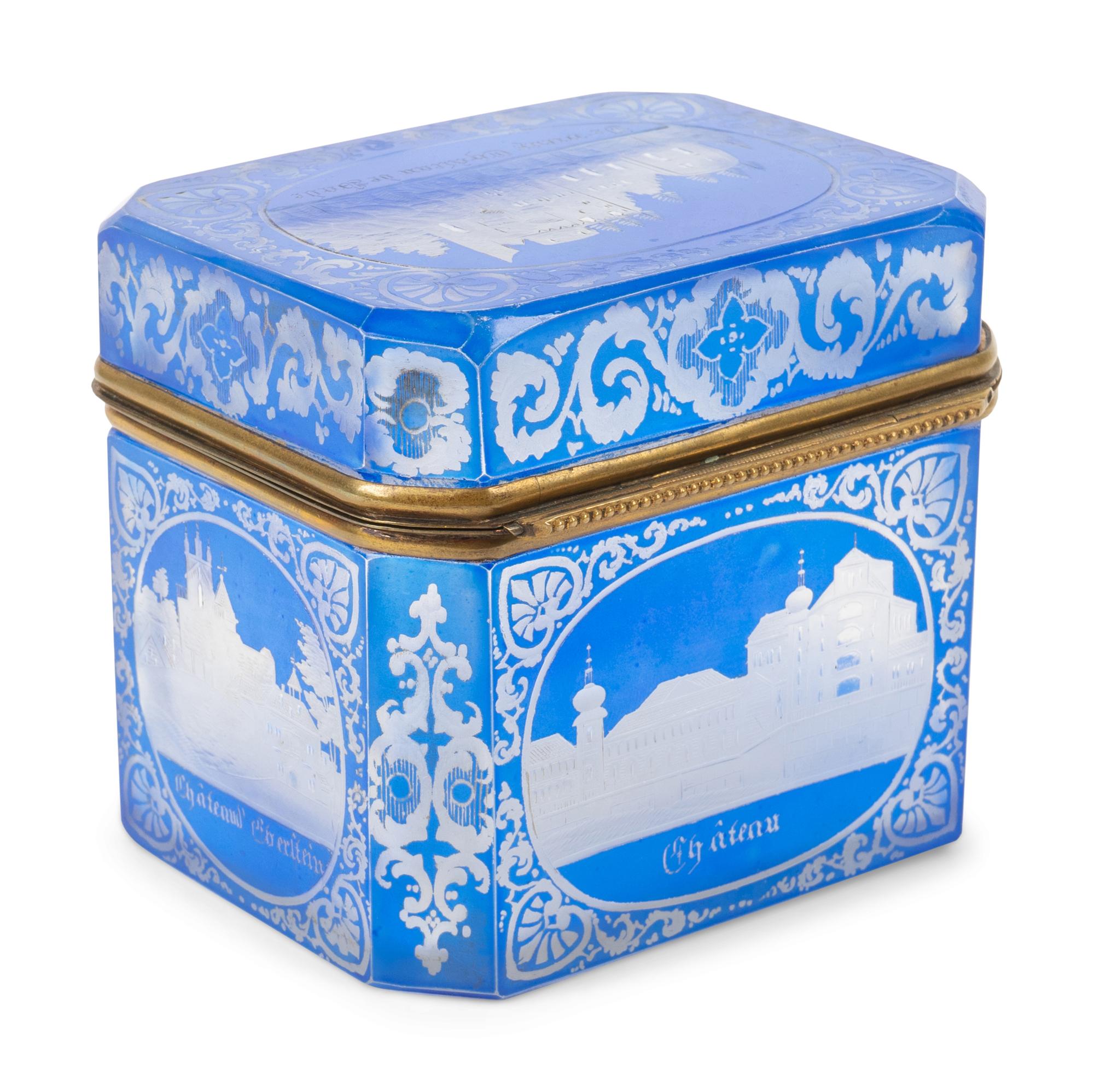 A German Engraved and Blue-Flashed Glass Box — SECOND HALF 19TH CENTURY