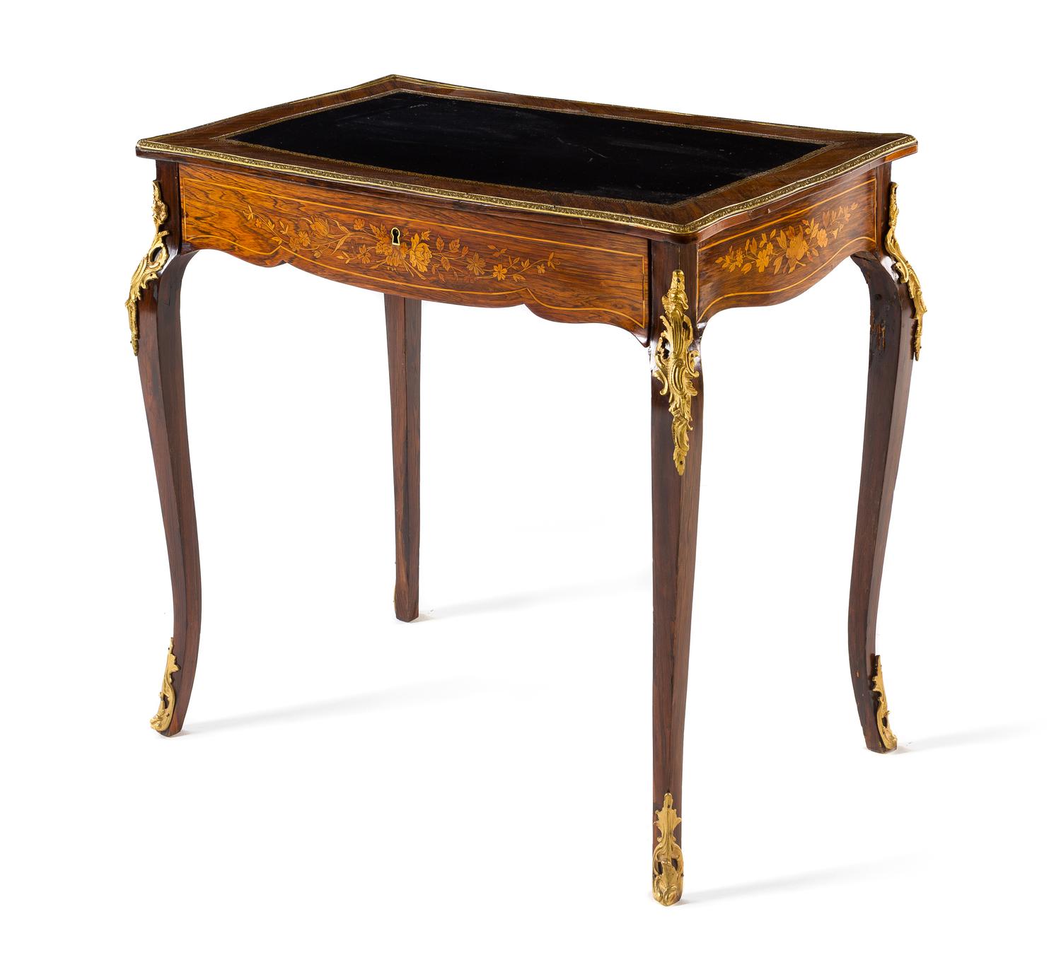 A Louis XV Style Gilt Metal and Marquetry Side Table Height 29 1/2 x width 32 x depth 20 inches. — LATE 19TH/EARLY 20TH CENTURY