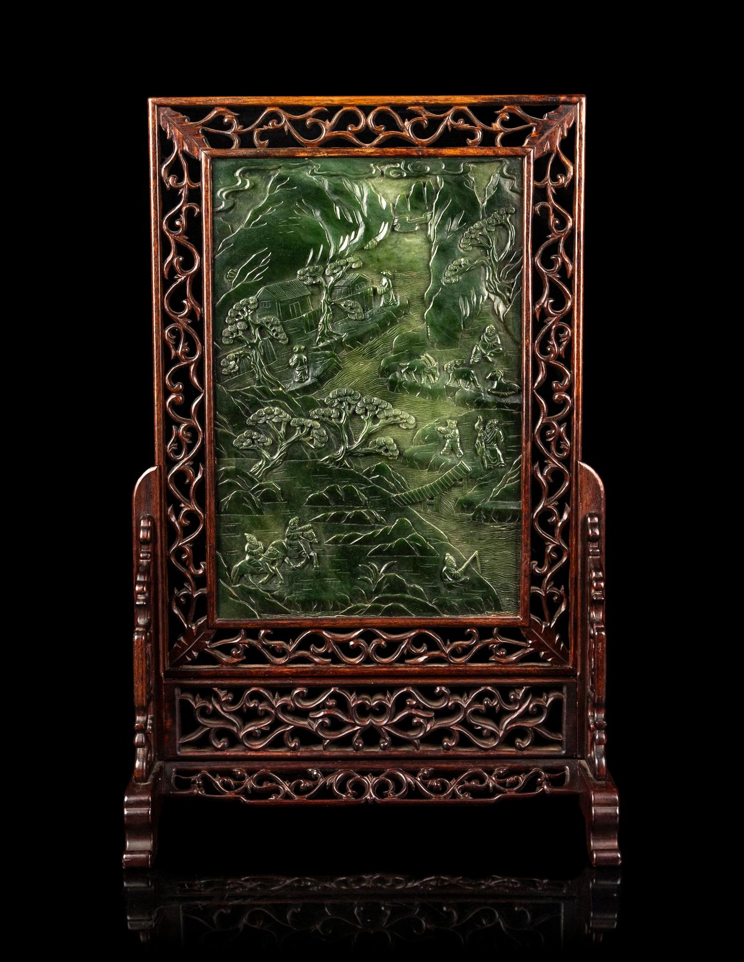 A Large Chinese Spinach Jade Inset Table Screen