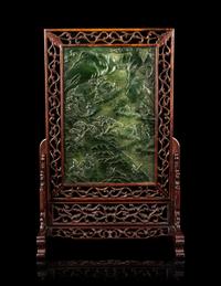 A Large Chinese Spinach Jade Inset Table Screen