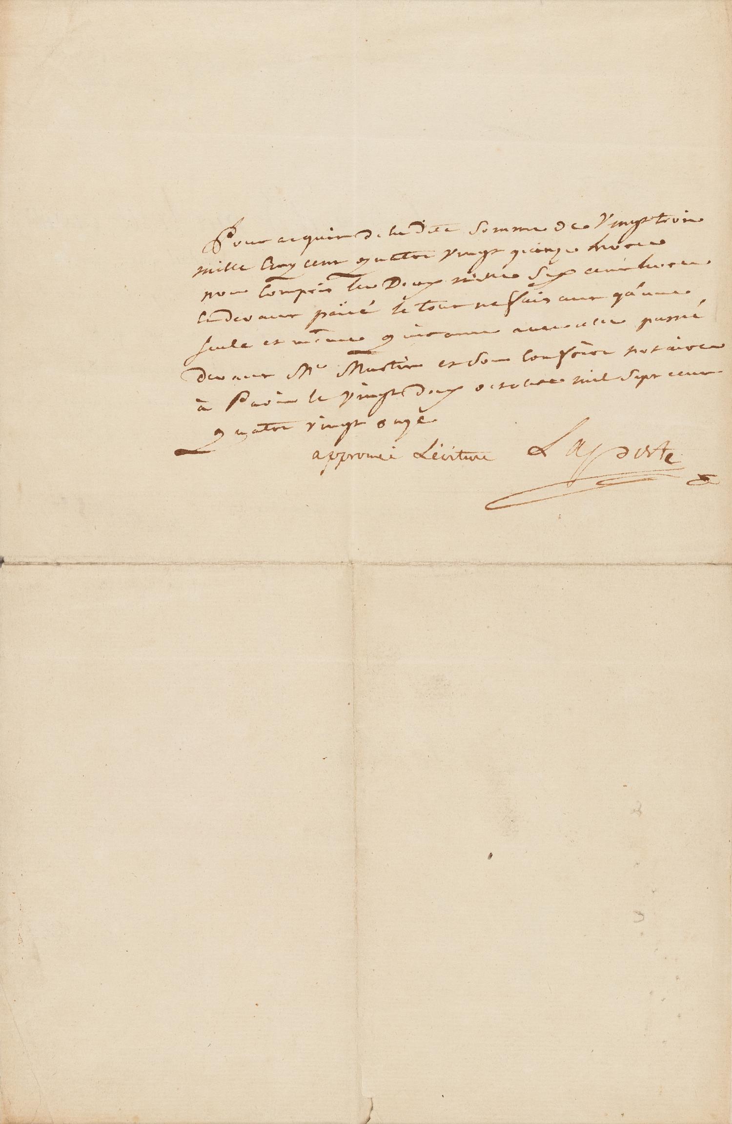 LOUIS XVI, King of France (1754-1793). Partly printed document signed ("Louis"), 29 September 1791. Countersigned by Arnaud de Laporte, and with an autograph note signed verso ("Laporte").