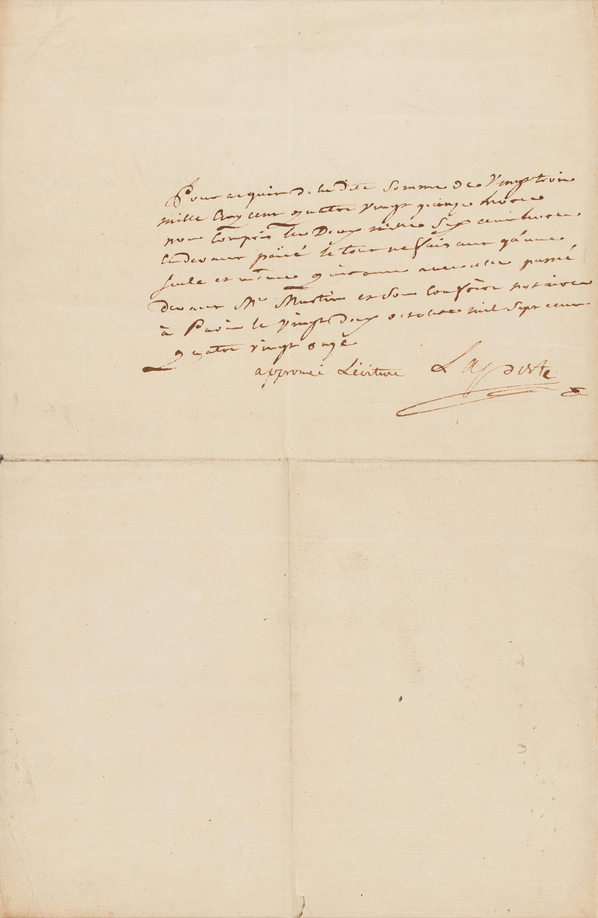 LOUIS XVI, King of France (1754-1793). Partly printed document signed ("Louis"), 29 September 1791. Countersigned by Arnaud de Laporte, and with an autograph note signed verso ("Laporte").