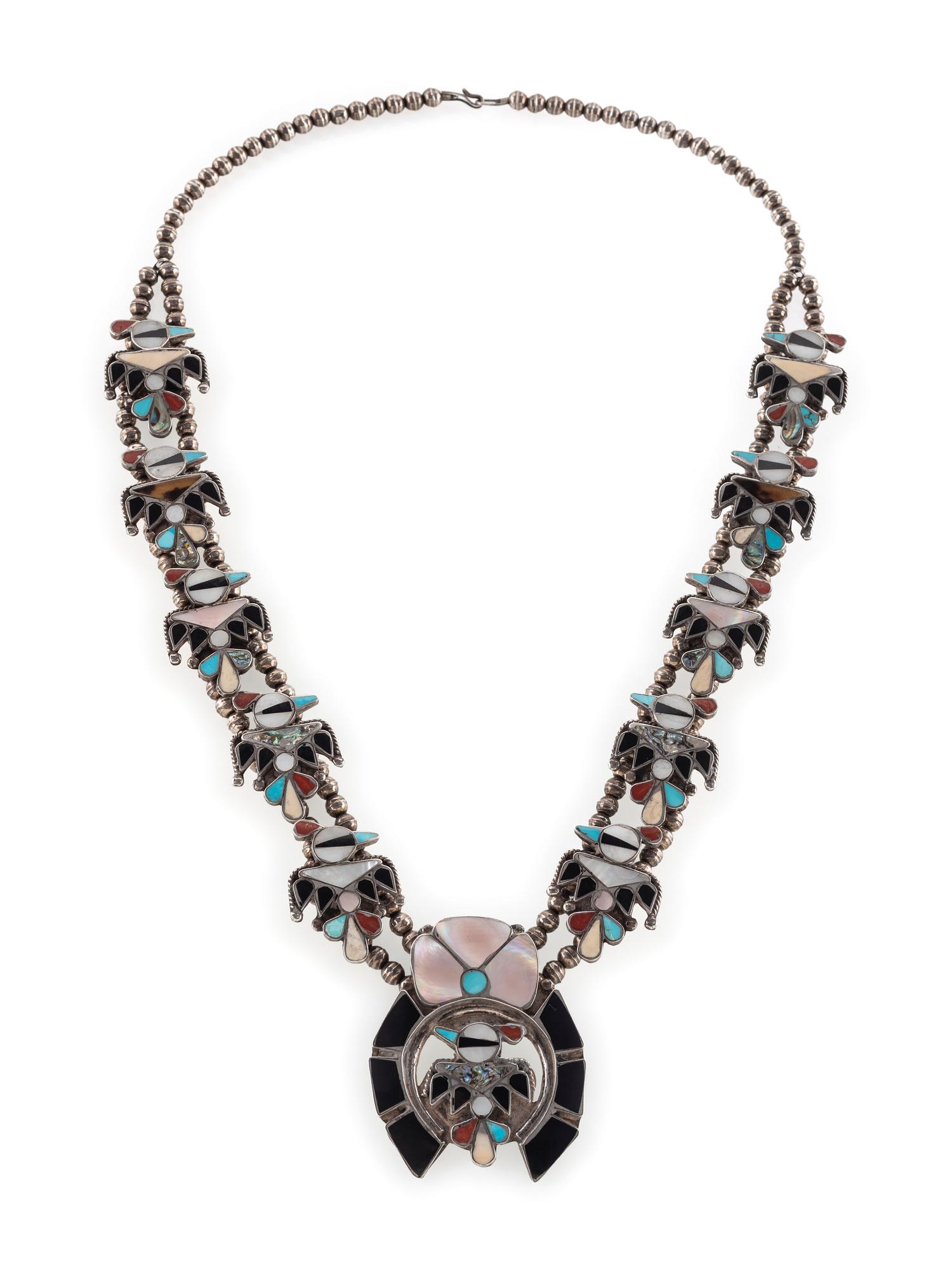 Zuni Silver and Channel Inlay Squash Blossom Necklace