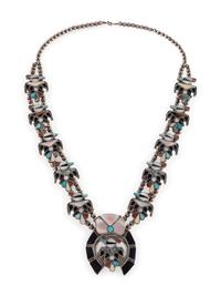 Zuni Silver and Channel Inlay Squash Blossom Necklace