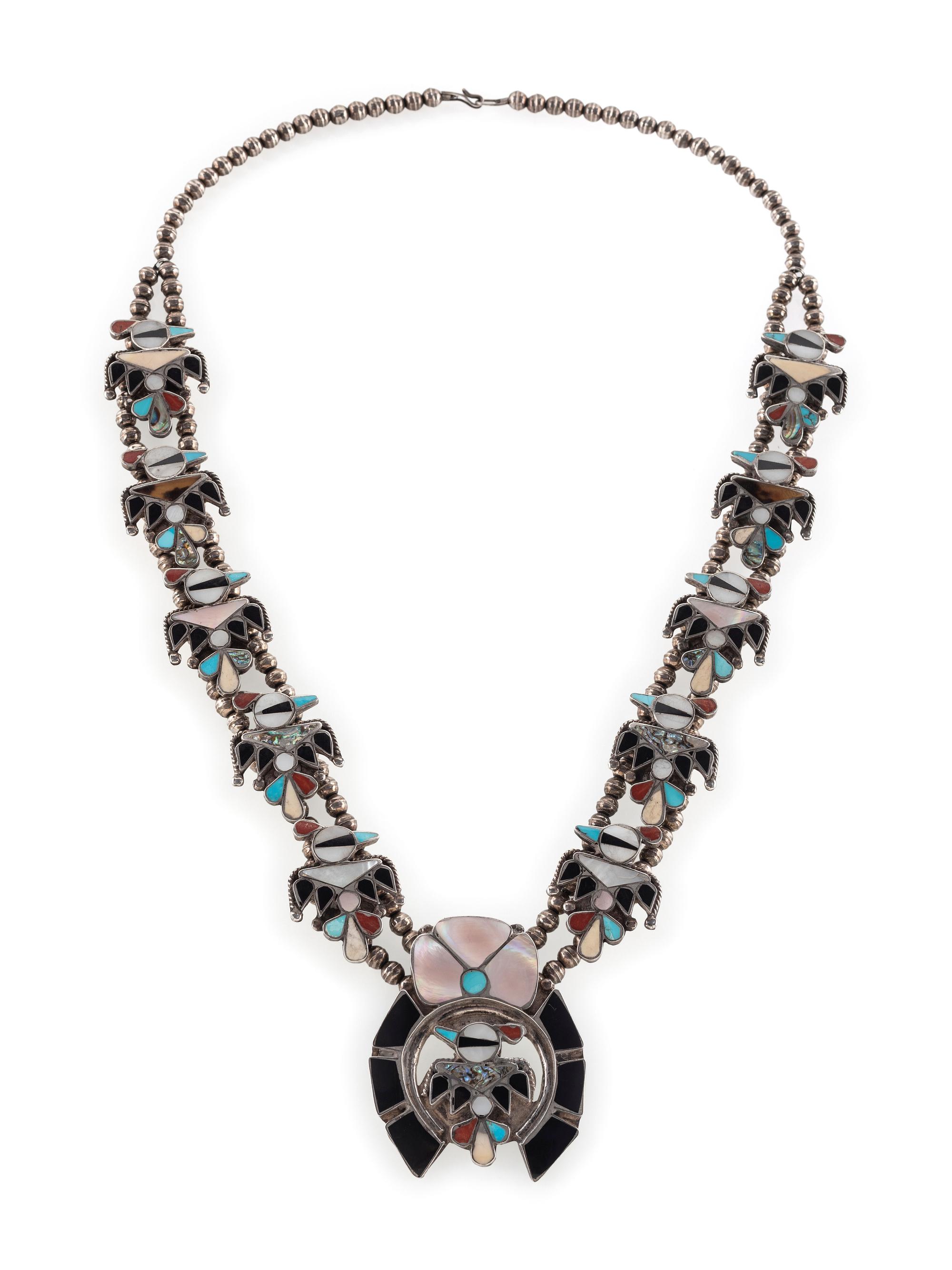 Zuni Silver and Channel Inlay Squash Blossom Necklace