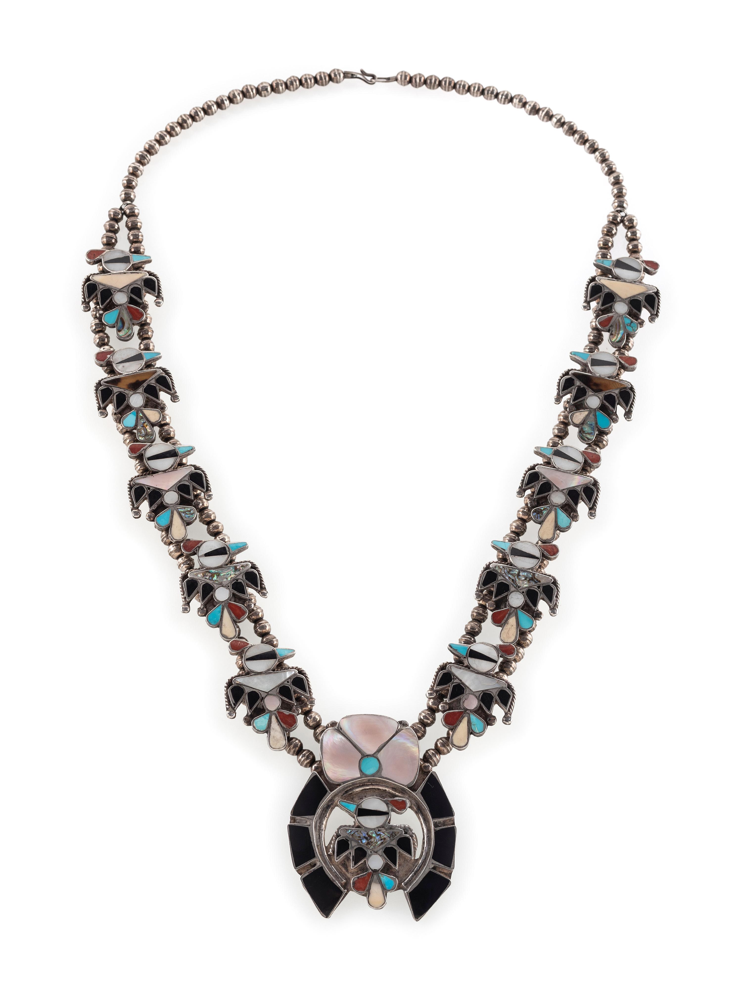 Zuni Silver and Channel Inlay Squash Blossom Necklace