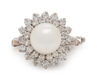 A 14 Karat White Gold, Cultured Pearl and Diamond Enhancer,