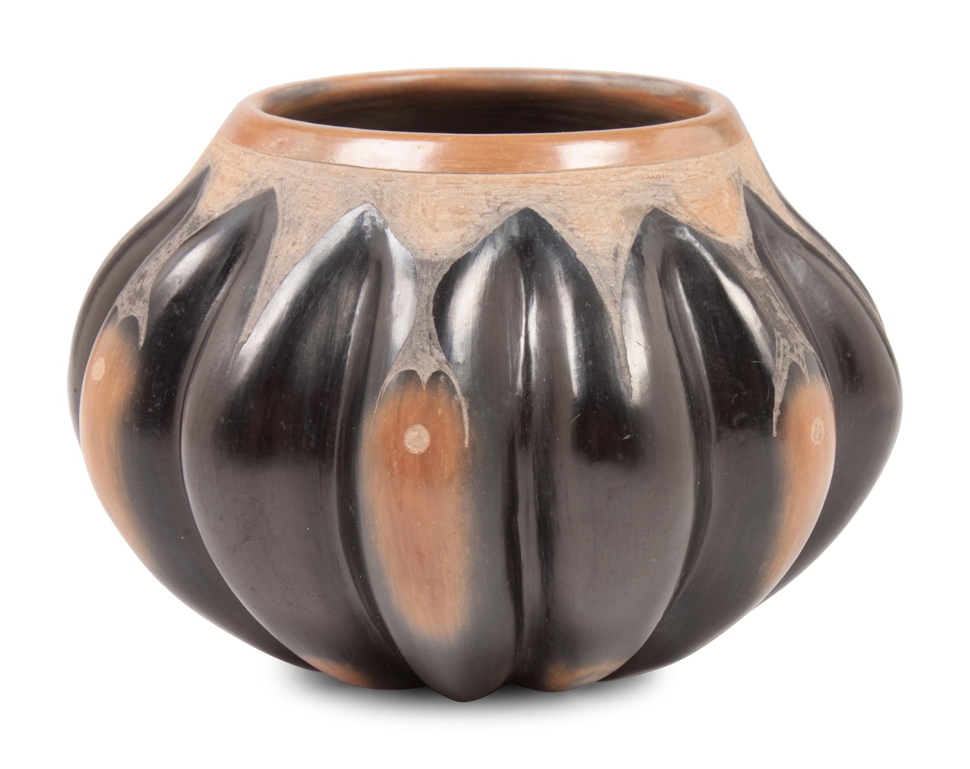 Two-toned Melon Pottery Jar, with Etched Decoration