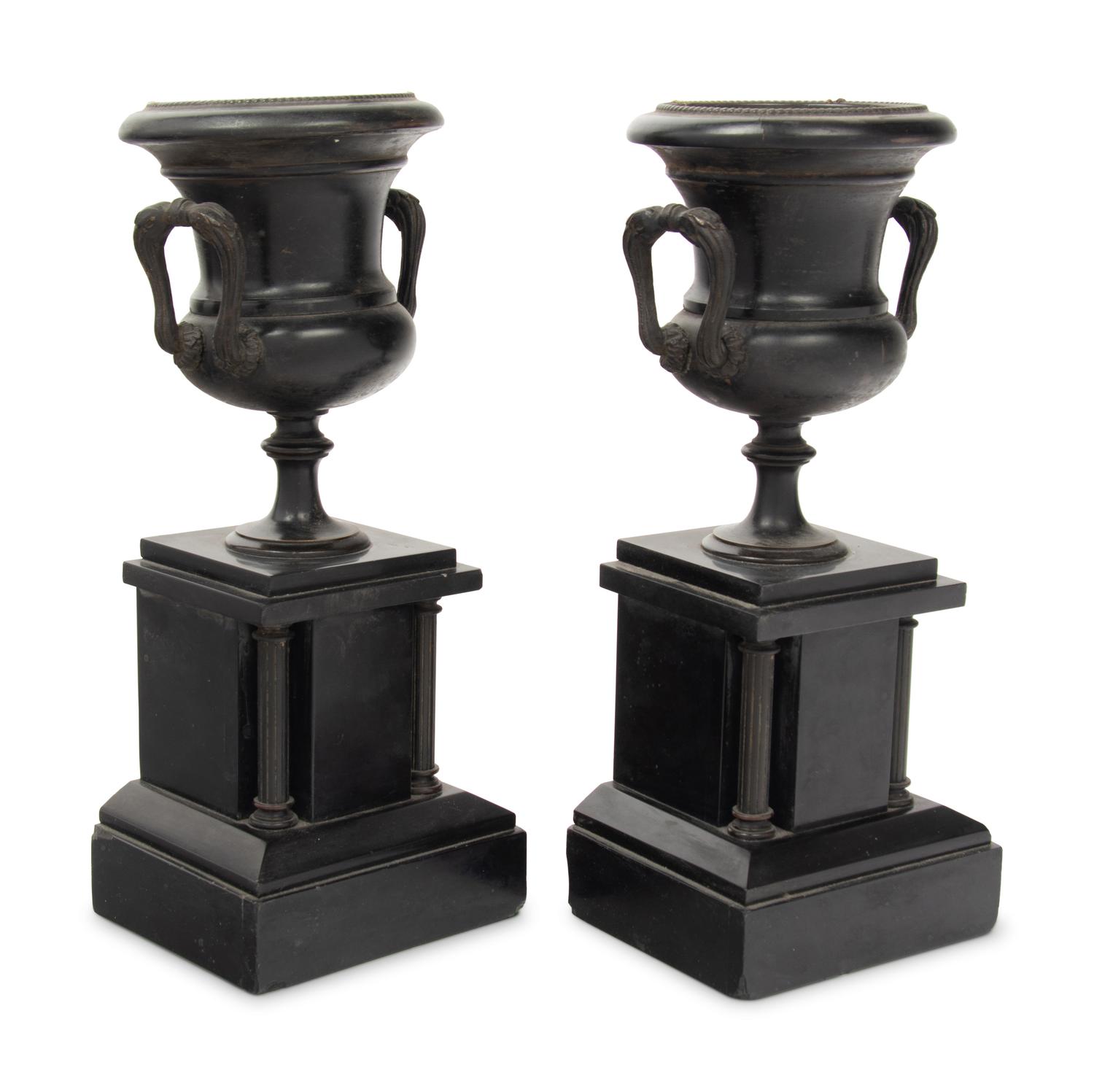 A Pair of Continental Patinated Metal Urns