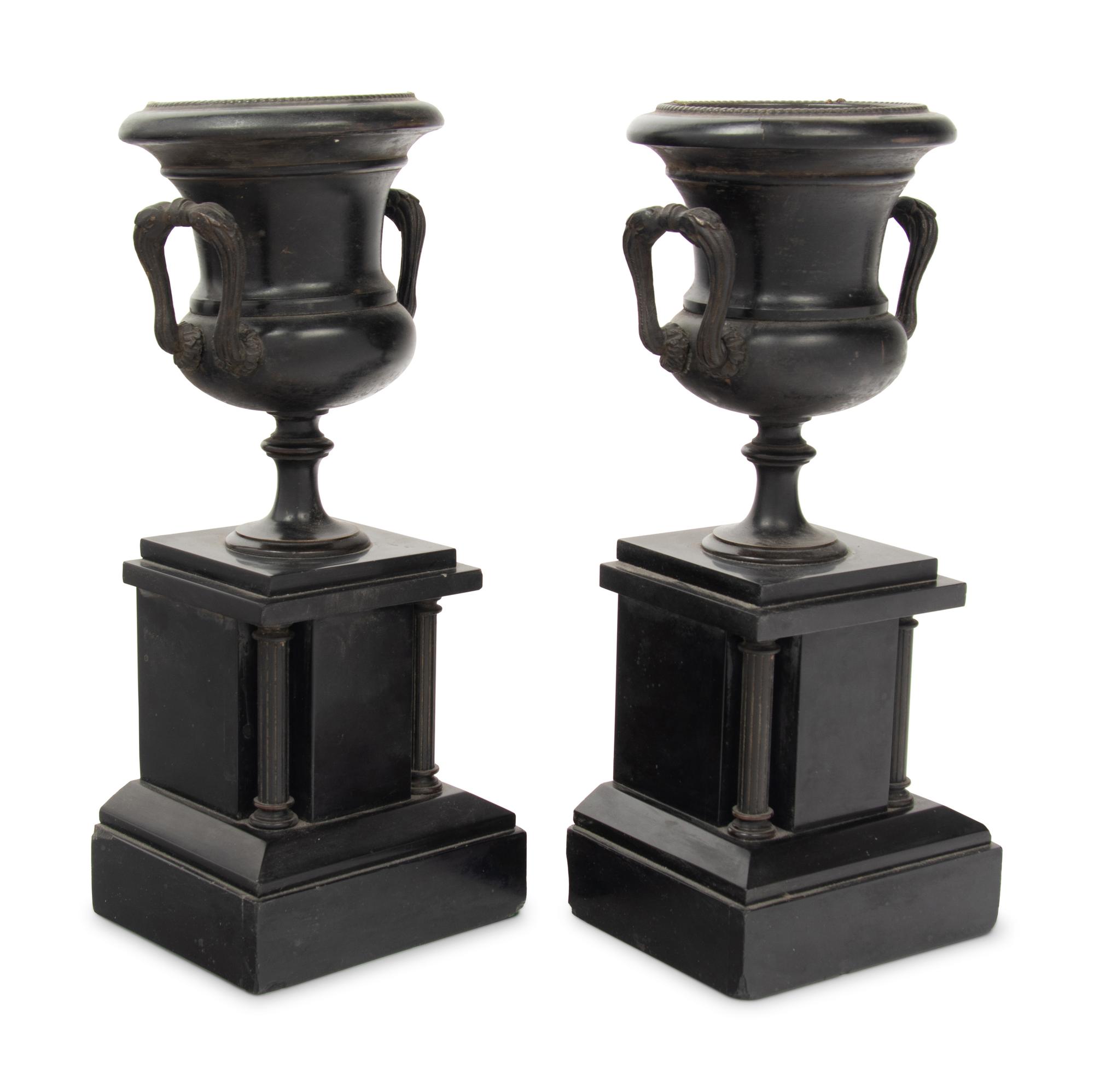 A Pair of Continental Patinated Metal Urns