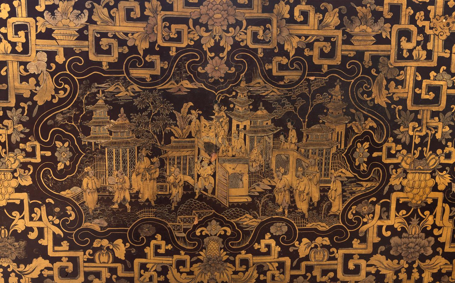 A Chinese Export Brown and Gold Lacquer Four-Post Canopy Bed