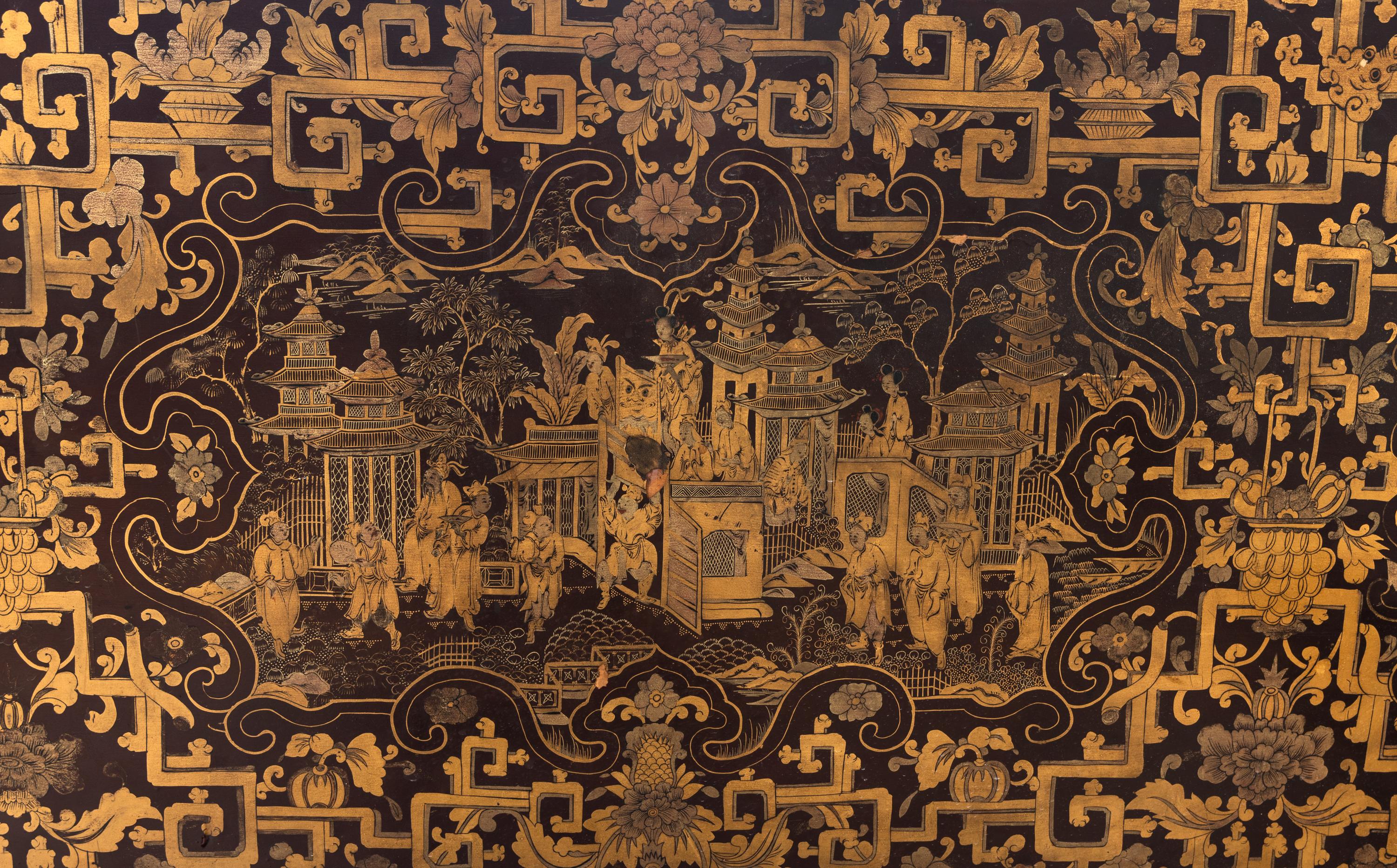 A Chinese Export Brown and Gold Lacquer Four-Post Canopy Bed