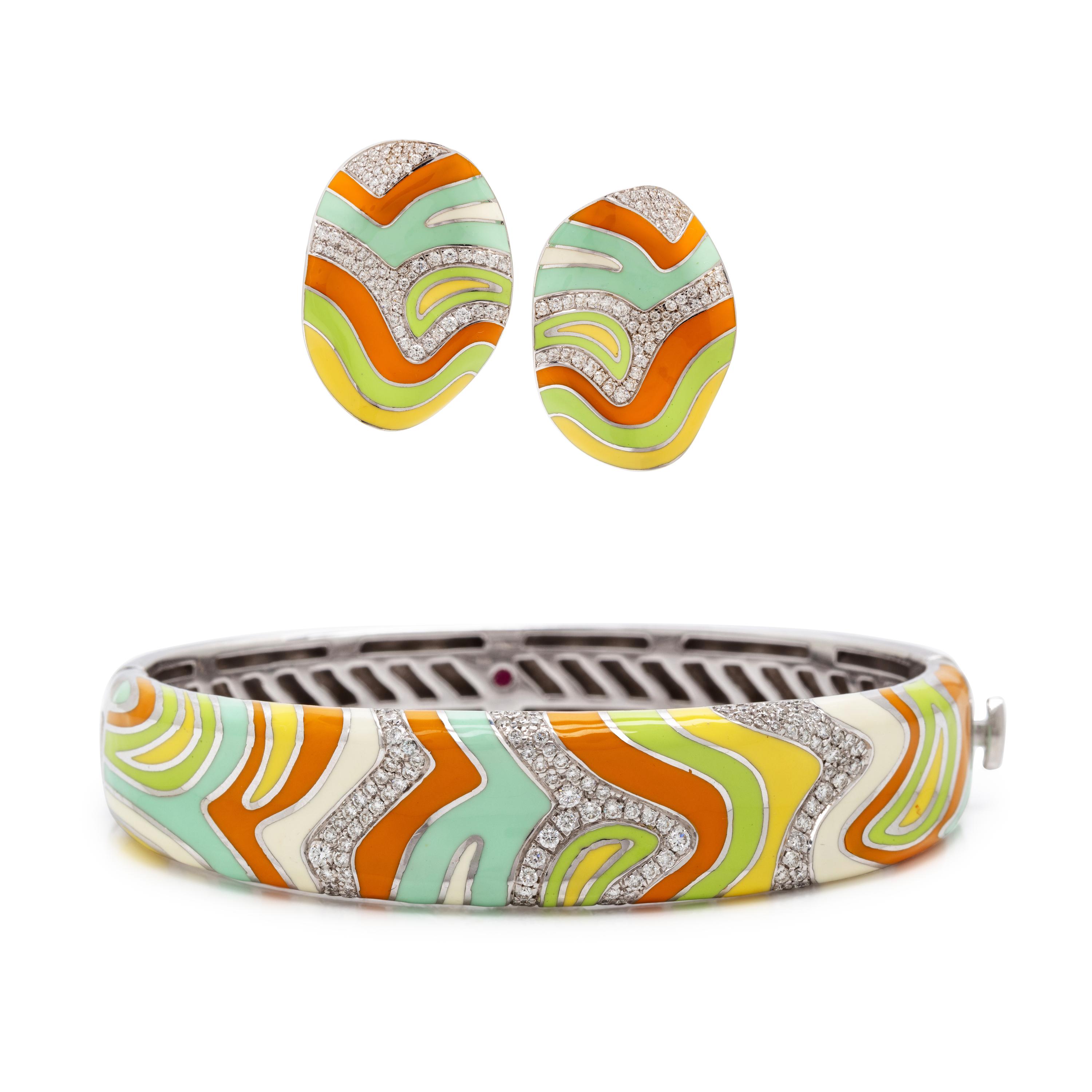 Roberto Coin, Enamel, Diamond, and White Gold Bangle Bracelet and Earrings