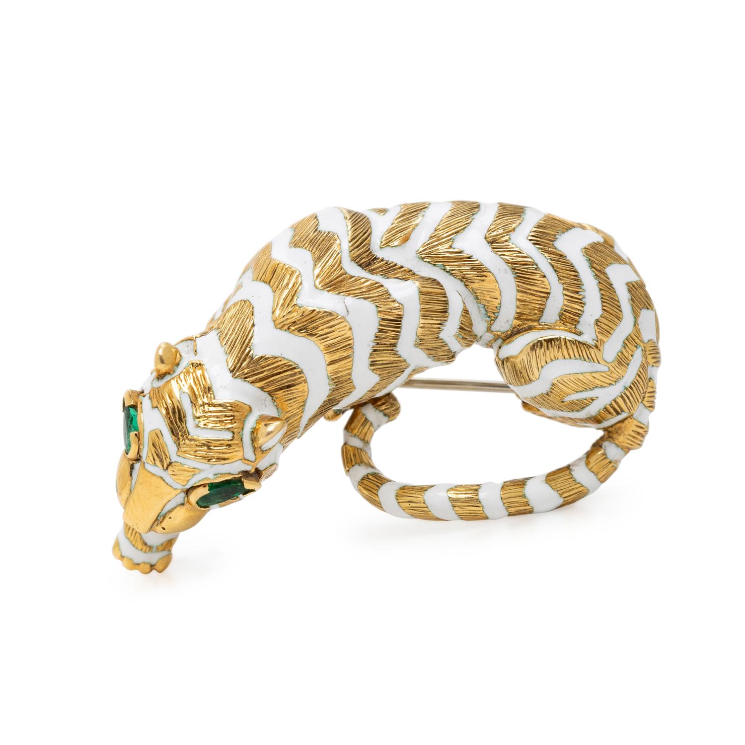 DAVID WEBB, EMERALD, DIAMOND, AND ENAMEL BROOCH