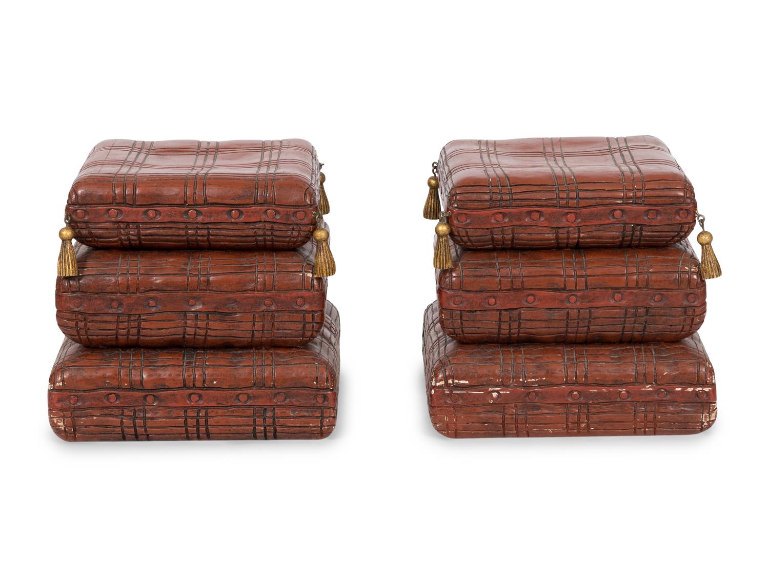 A Pair of Italian Red-Painted Carved Wood Stacked Cushion-Form Stools