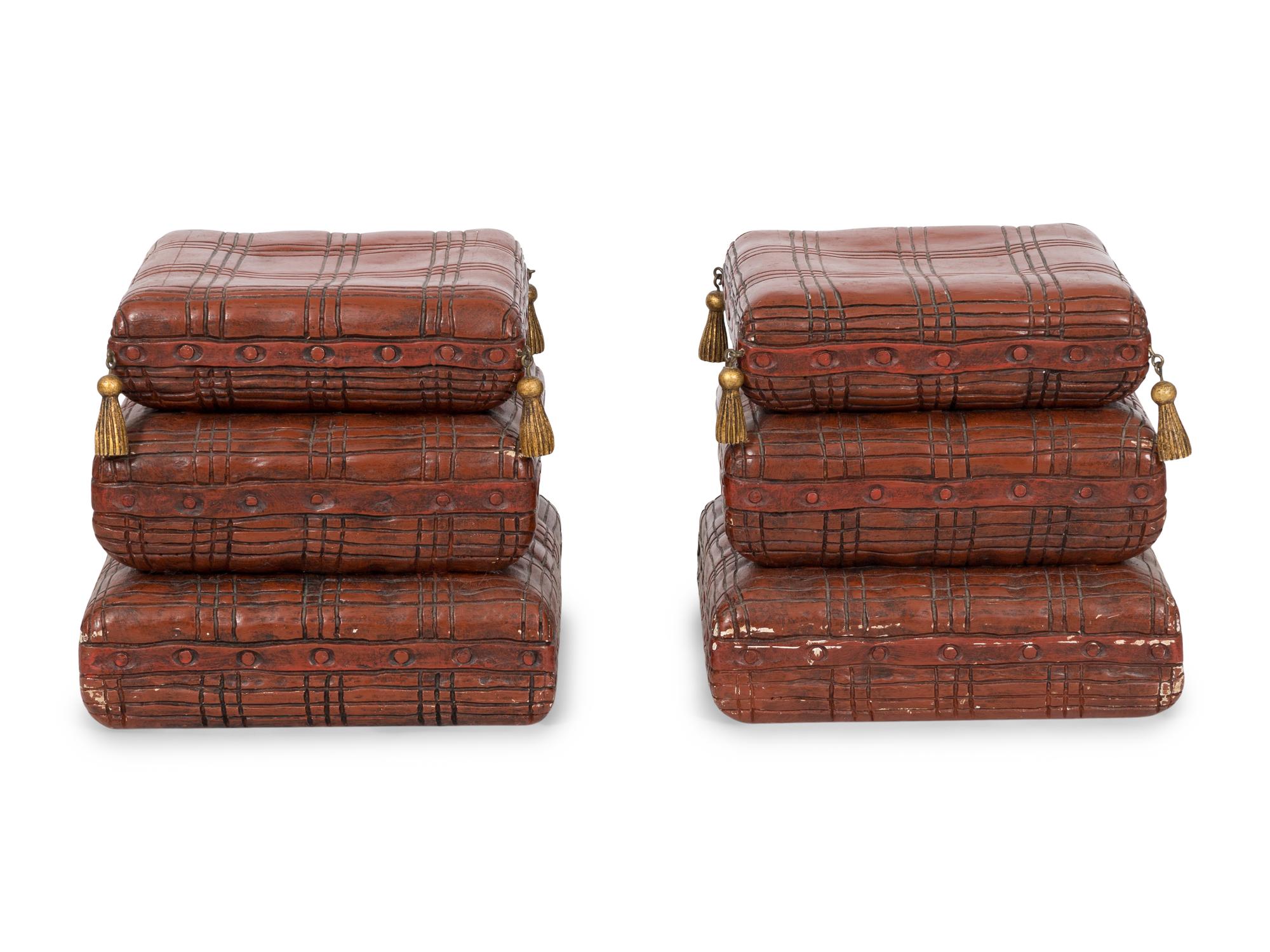 A Pair of Italian Red-Painted Carved Wood Stacked Cushion-Form Stools