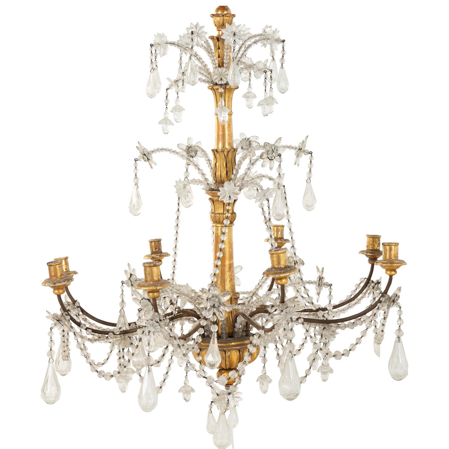 A Pair of Italian Giltwood and Cut-Glass Six-Light Chandeliers