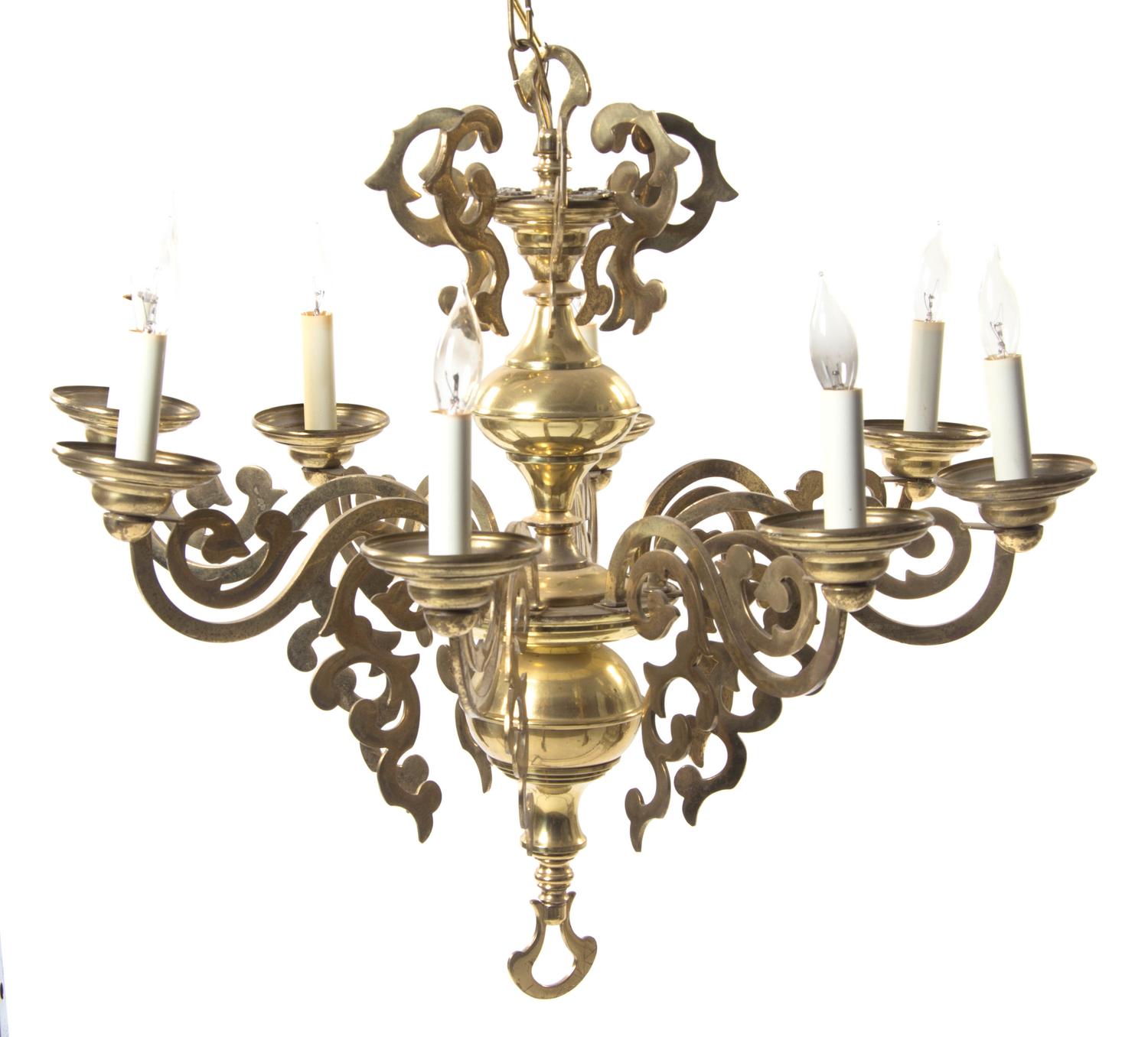 A Dutch Baroque Style Brass Eight-Light Chandelier, Height 24 x diameter 26 1/2 inches.